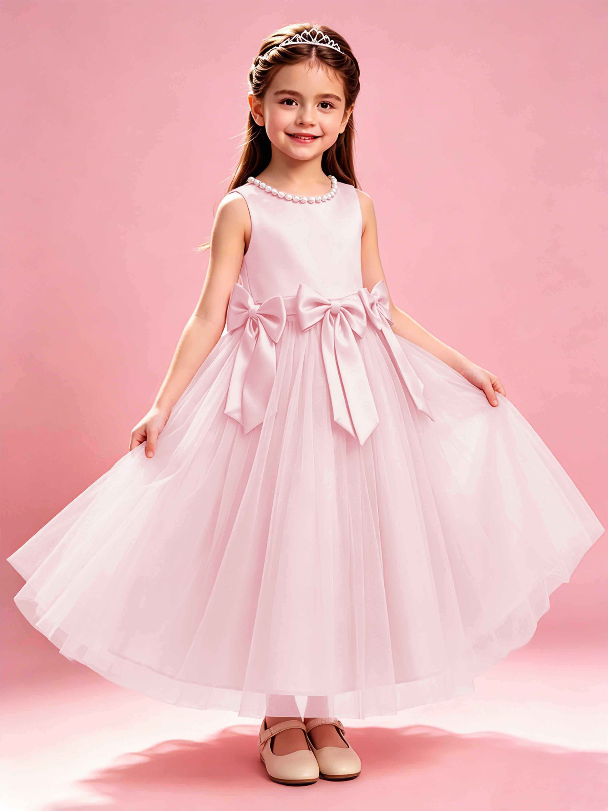 Satin Tulle Flower Girl Dress with Bow Princess Girls Pageant Gowns
