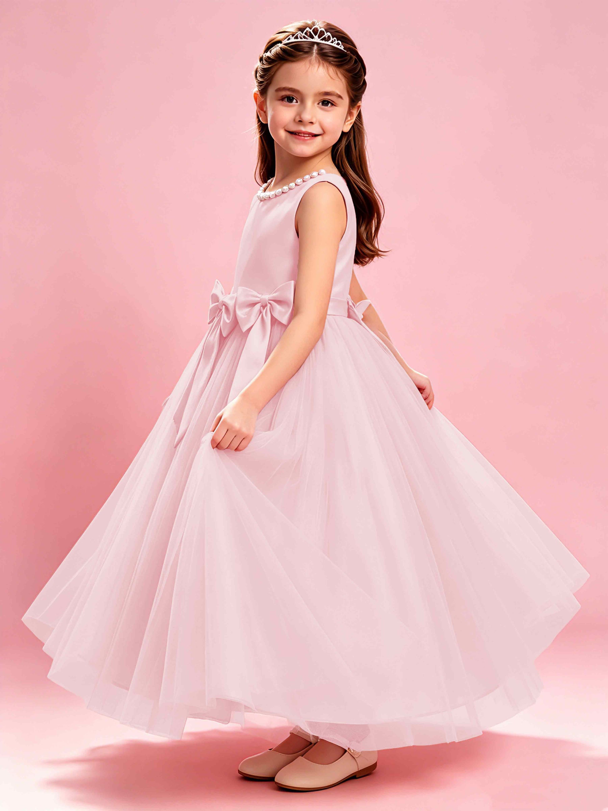Satin Tulle Flower Girl Dress with Bow Princess Girls Pageant Gowns