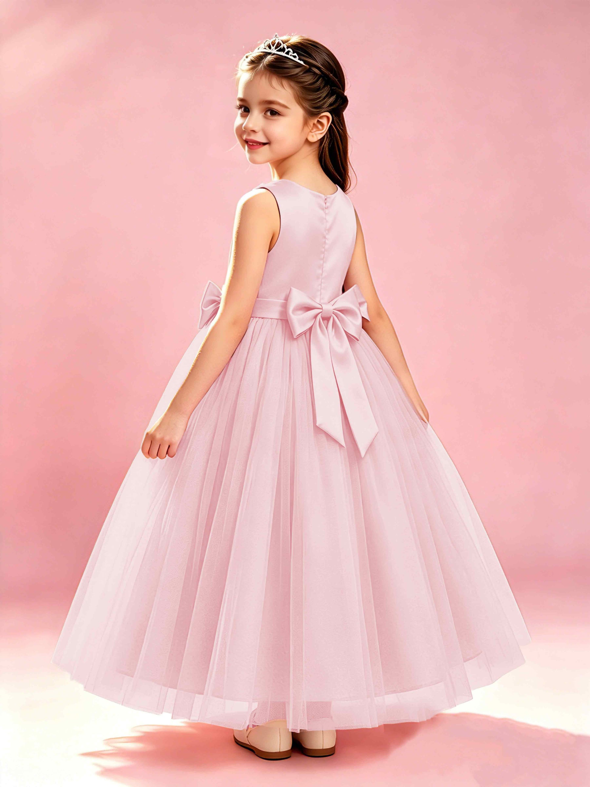 Satin Tulle Flower Girl Dress with Bow Princess Girls Pageant Gowns