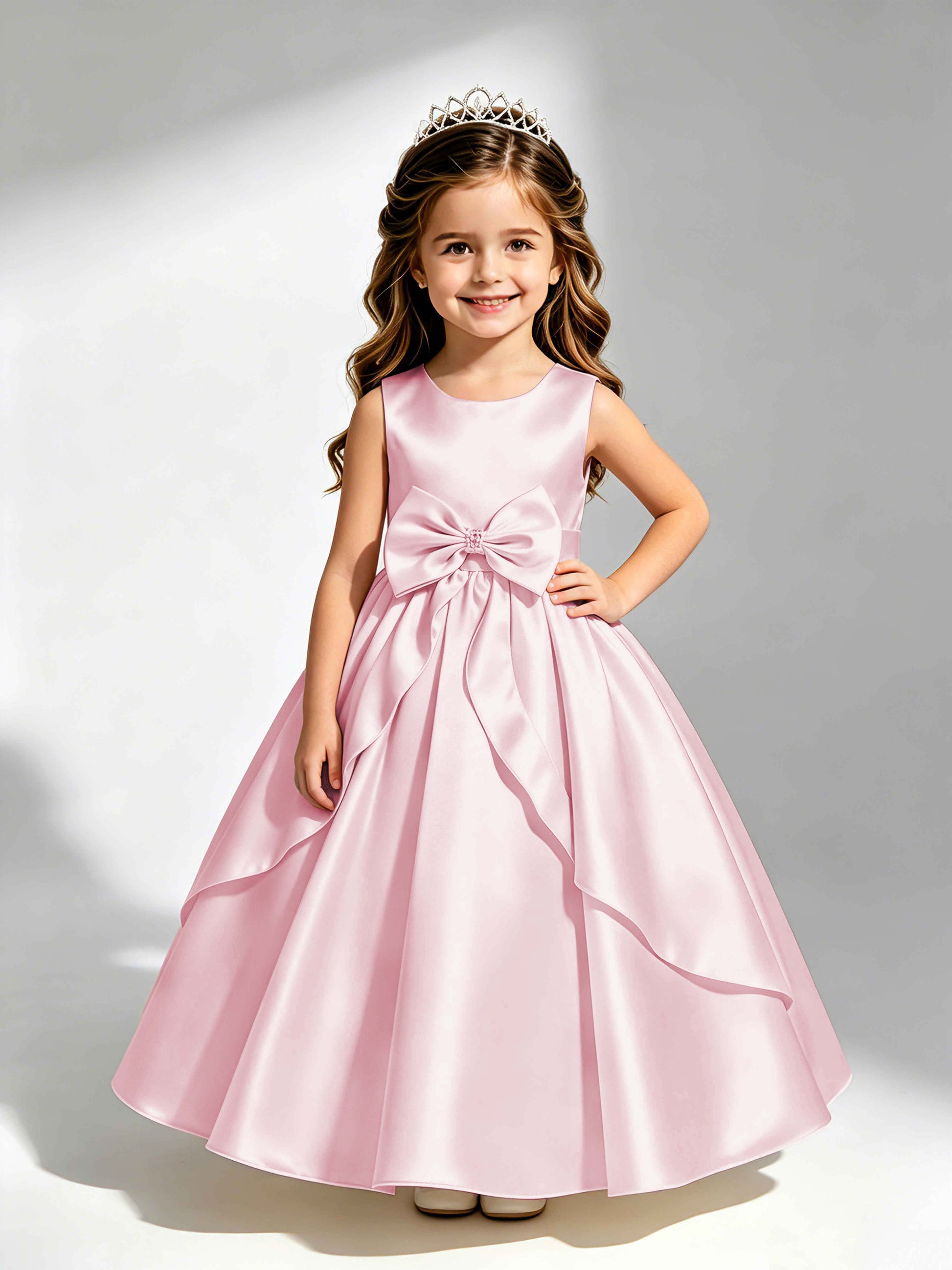 Satin Flower Girl Dress with Bow Princess Girls Pageant Gowns