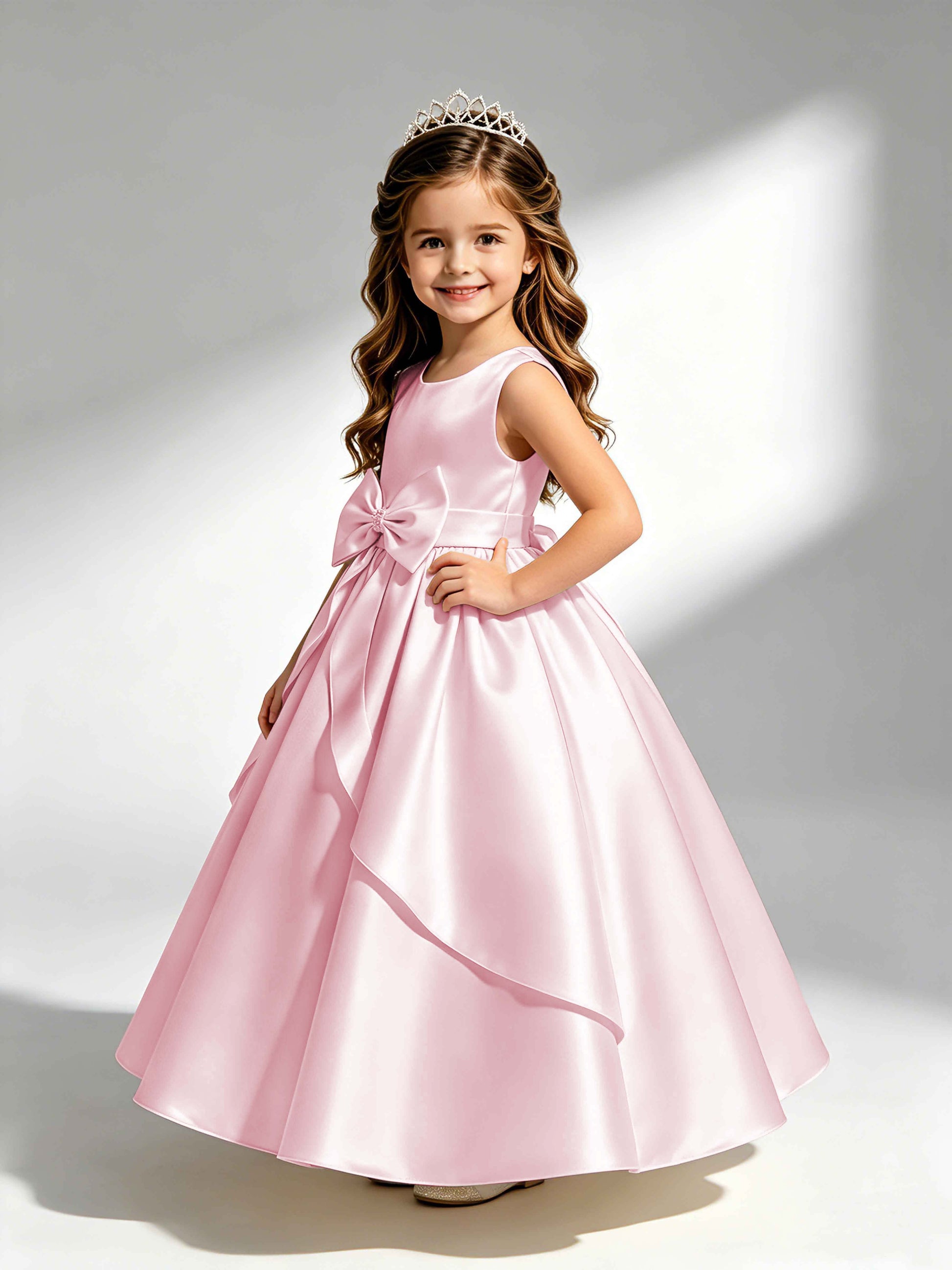 Satin Flower Girl Dress with Bow Princess Girls Pageant Gowns
