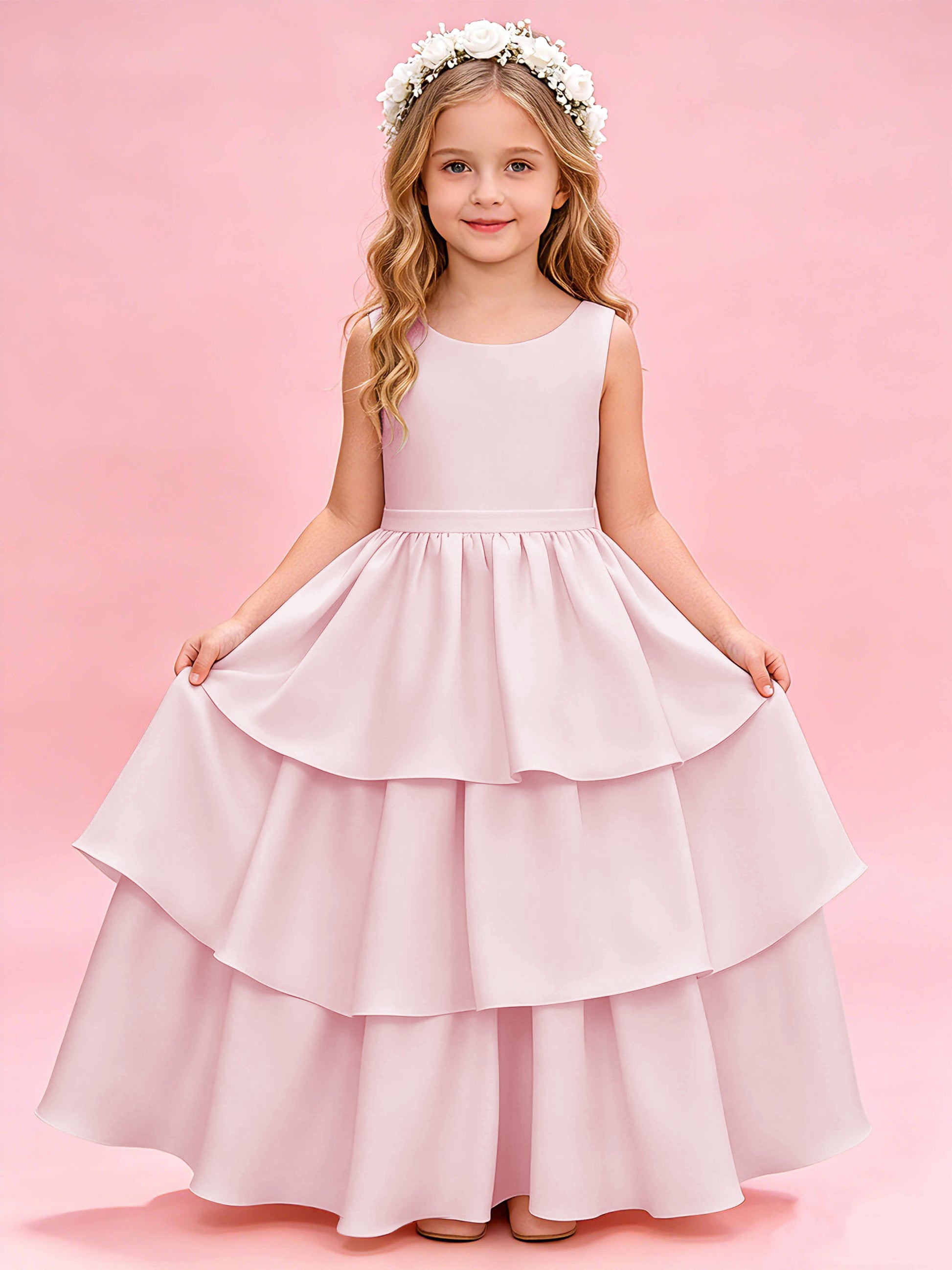 Tiered Flower Girl Dress with Bow Princess Girls Pageant Gowns