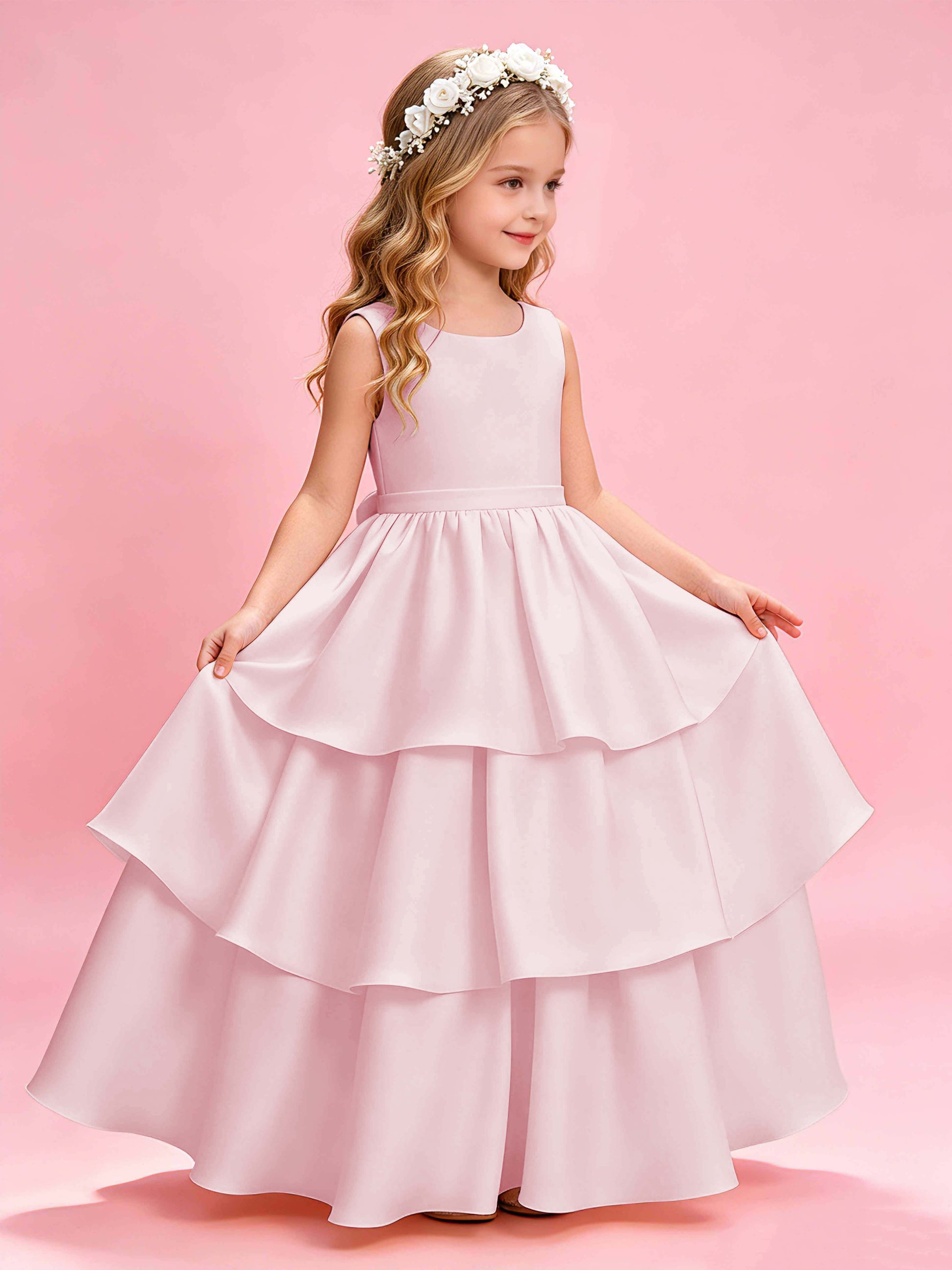 Tiered Flower Girl Dress with Bow Princess Girls Pageant Gowns