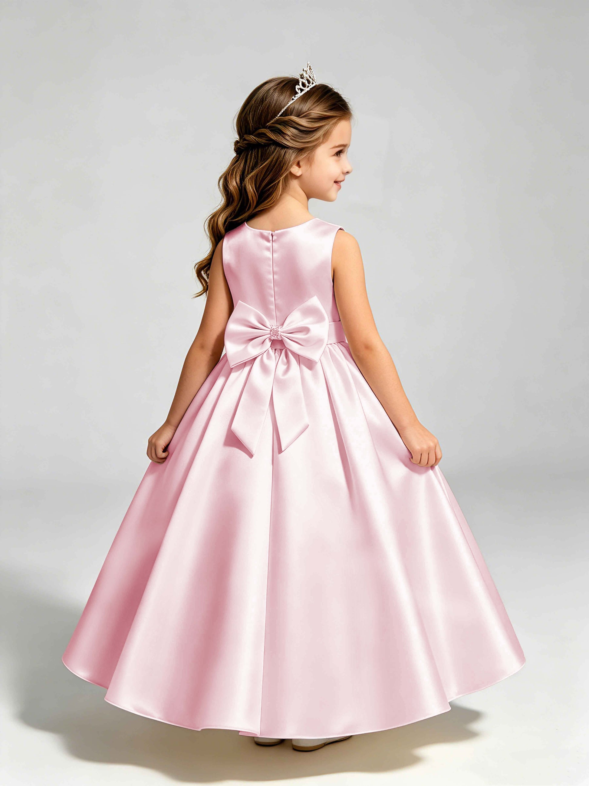 Satin Flower Girl Dress with Bow Princess Girls Pageant Gowns