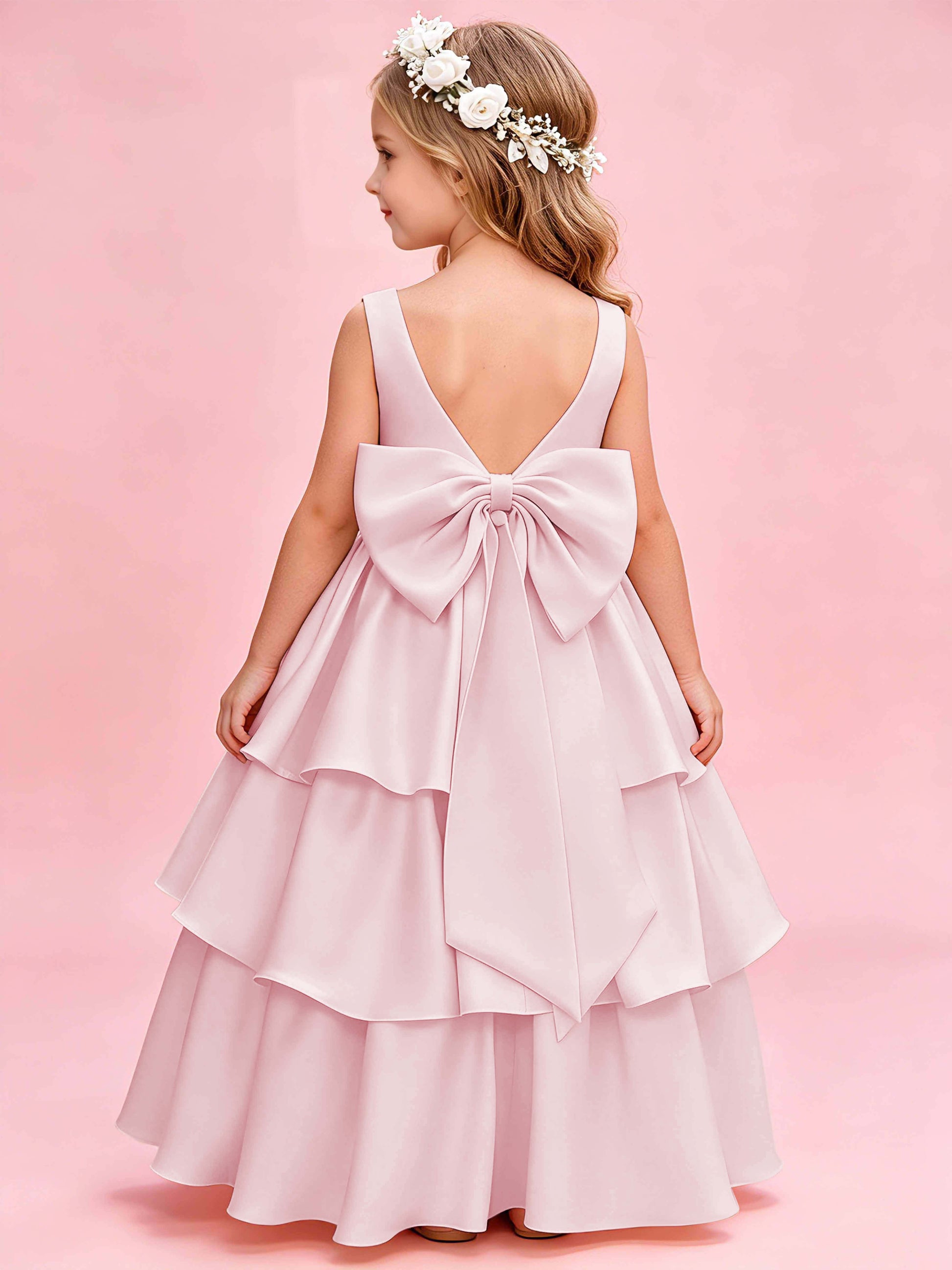 Tiered Flower Girl Dress with Bow Princess Girls Pageant Gowns