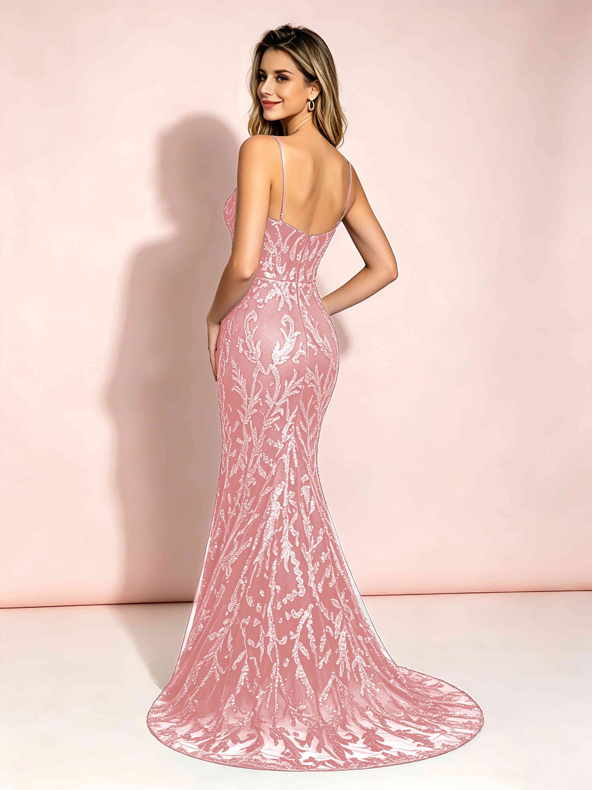 Mermaid V-Neck Sweep Train Sequin Sparkly Prom Dresses with Slit