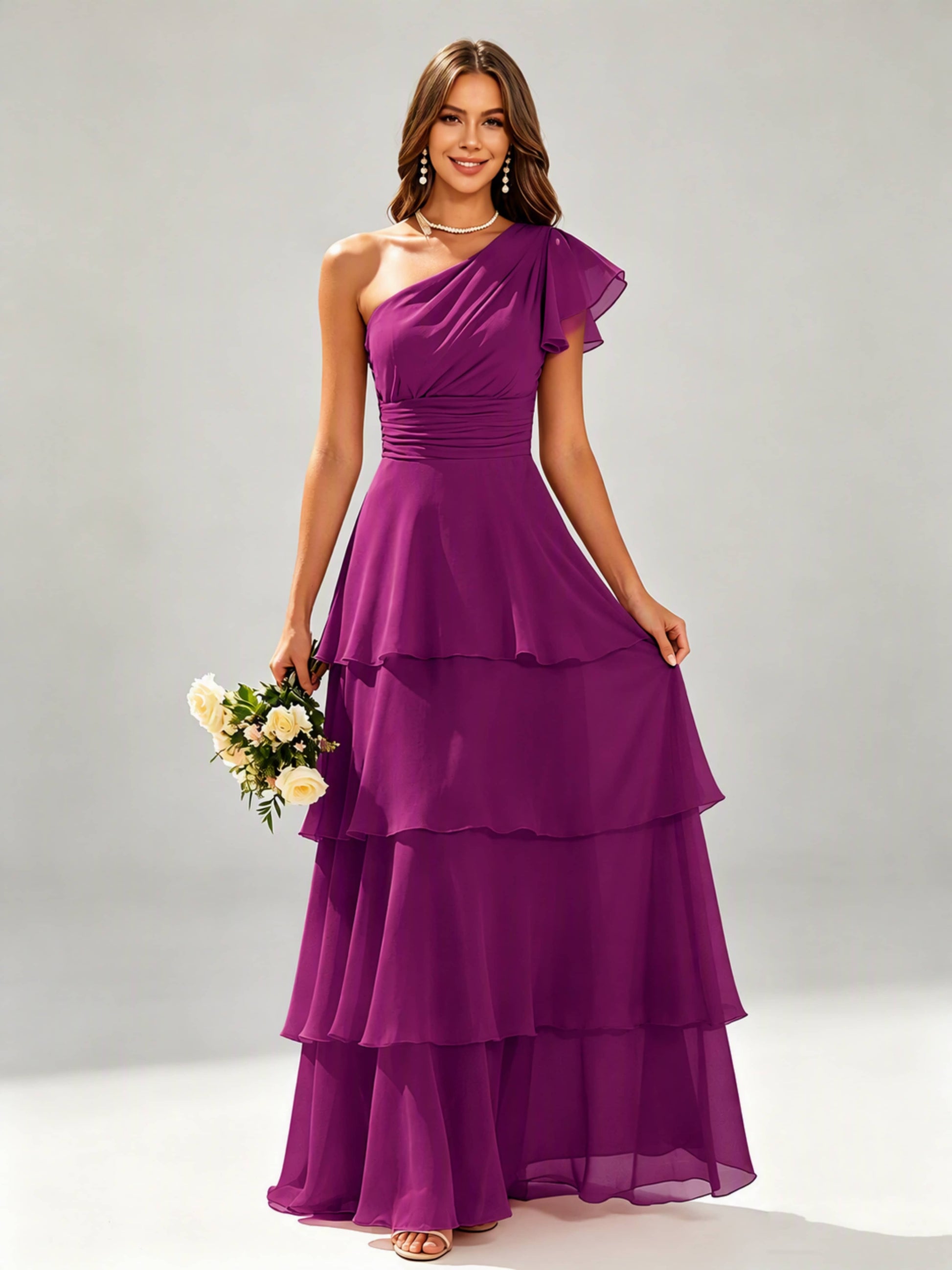 One Shoulder Ruffle Tiered Chiffon Bridesmaid Dress for Wedding