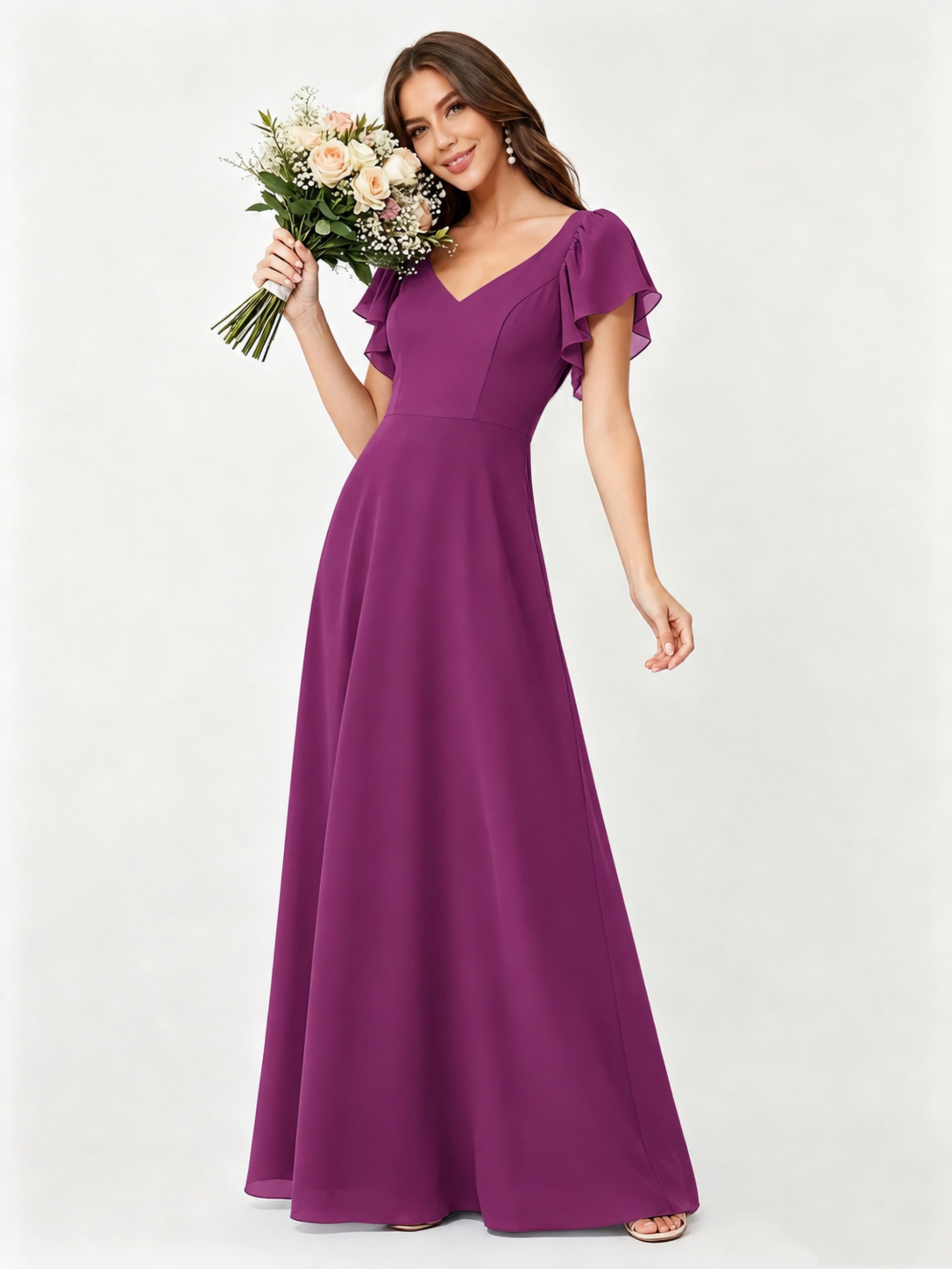 Ruffle Sleeve Chiffon Bridesmaid Dresses for Women Wedding