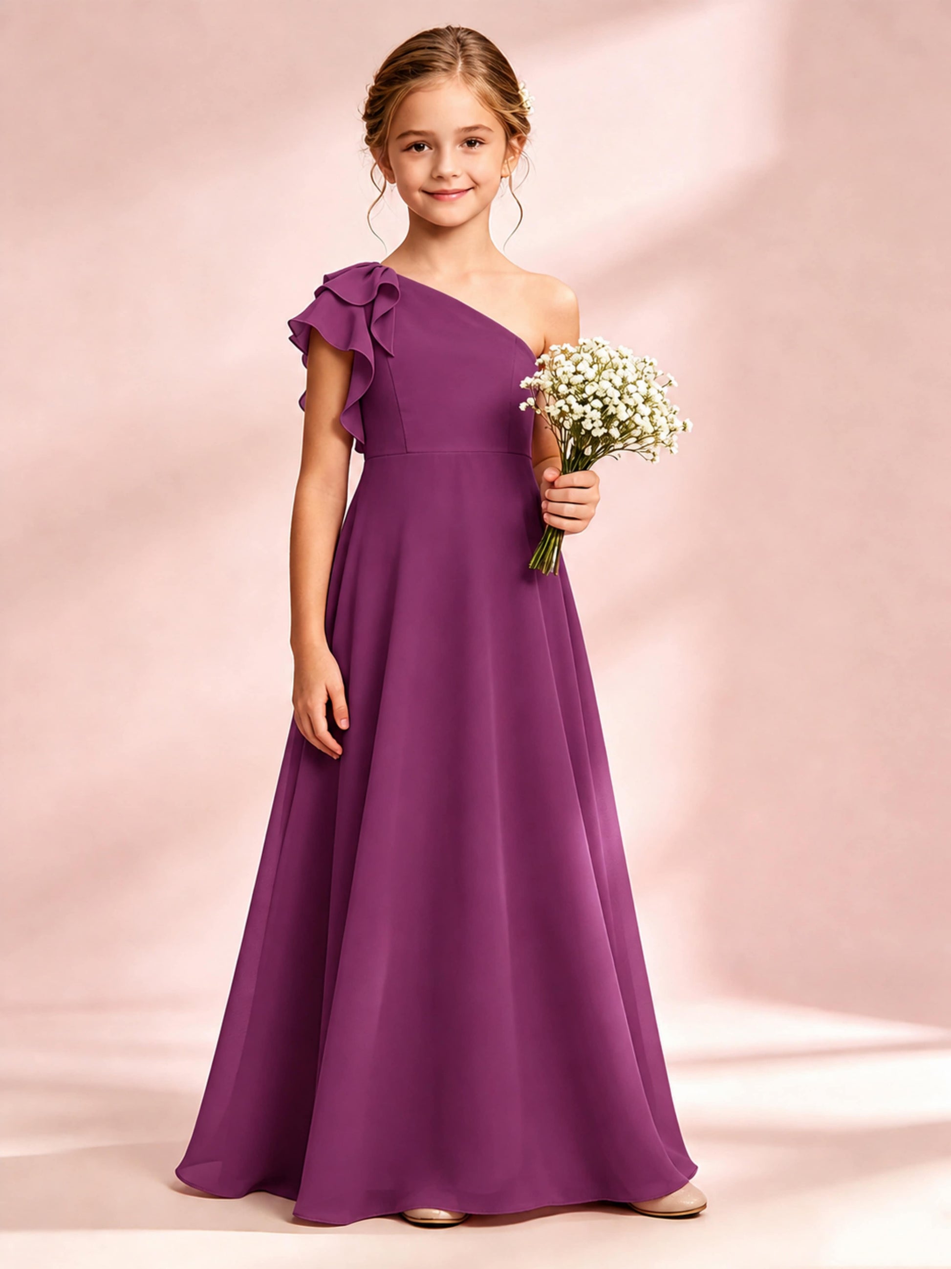 Chiffon Junior Bridesmaid Dress for Wedding One Shoulder Flower Girl Dresses