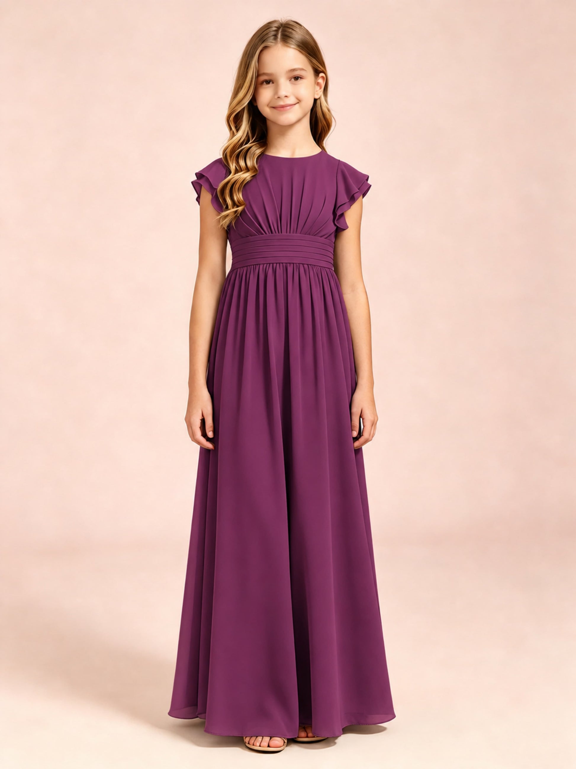 Chiffon Ruffle Cap Sleeve Junior Bridesmaid Dress for Wedding