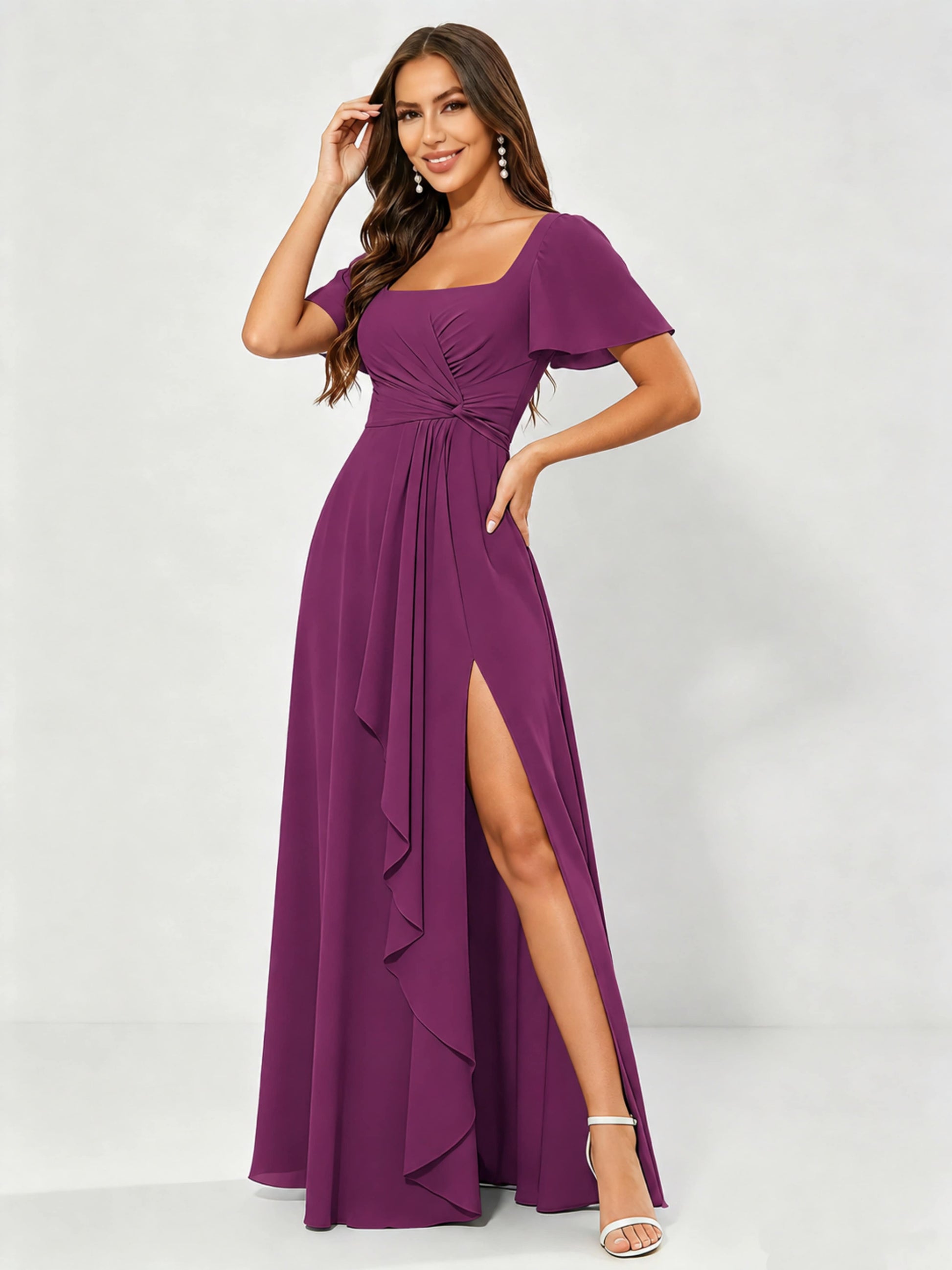 Square Neck Chiffon Ruffle Bridesmaid Dress with Slit