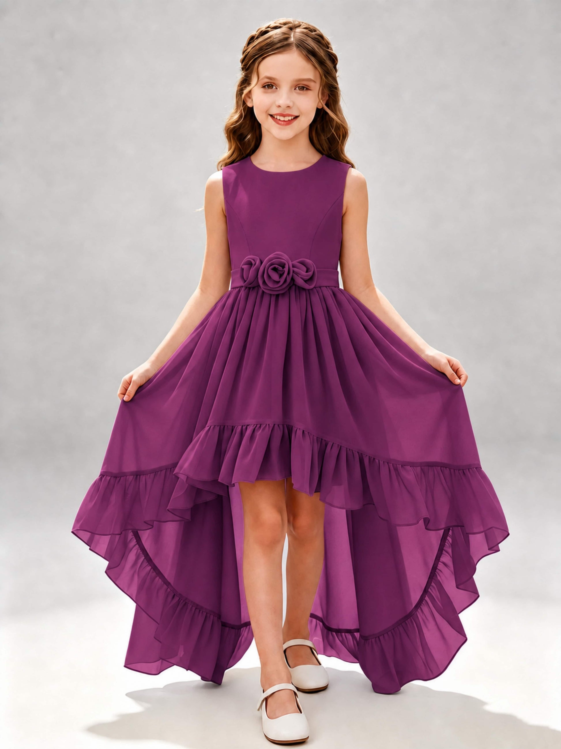 Chiffon 3D Flower High Low Junior Bridesmaid Dresses