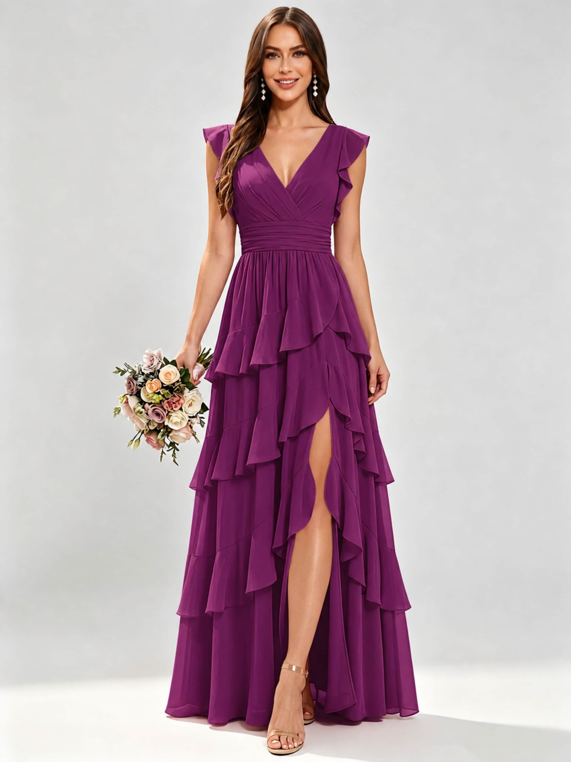 Ruffle Sleeve Tiered Chiffon Bridesmaid Dresses for Wedding with Slit