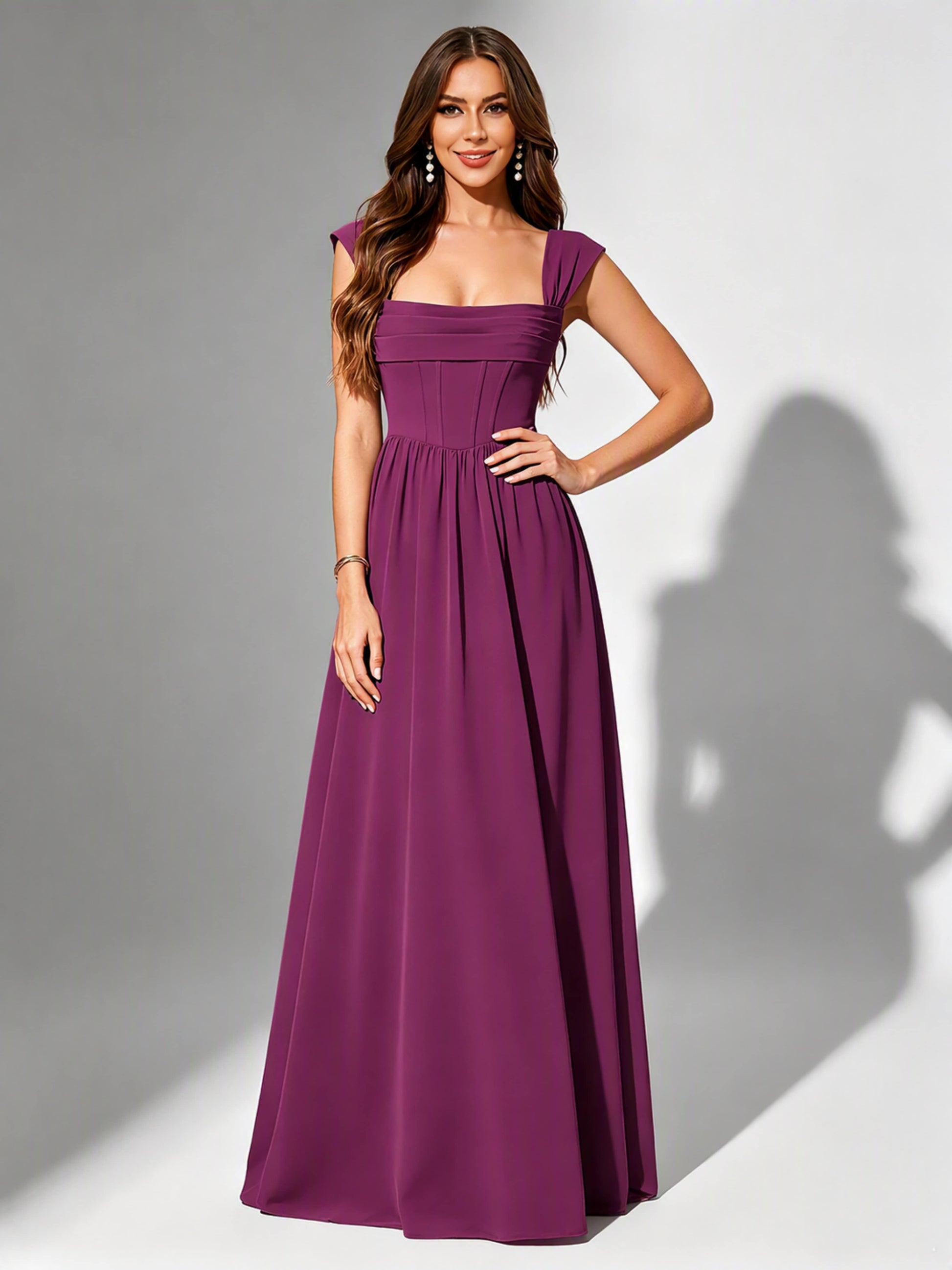 Square Neck Chiffon Bridesmaid Dress Corset Formal Gown