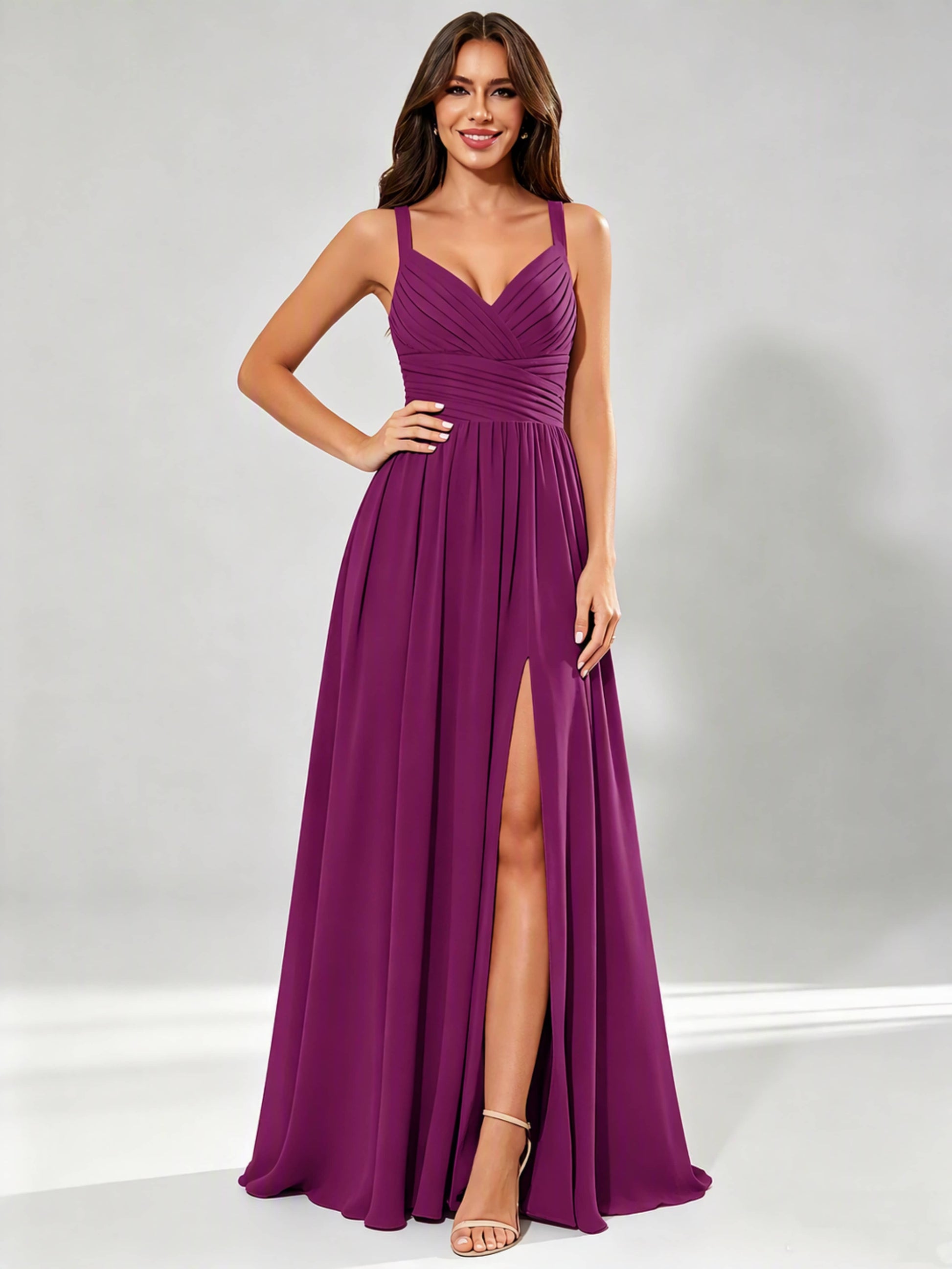 Spaghetti Straps Chiffon Ruched Bust Pleated Bridesmaid Dress for Wedding