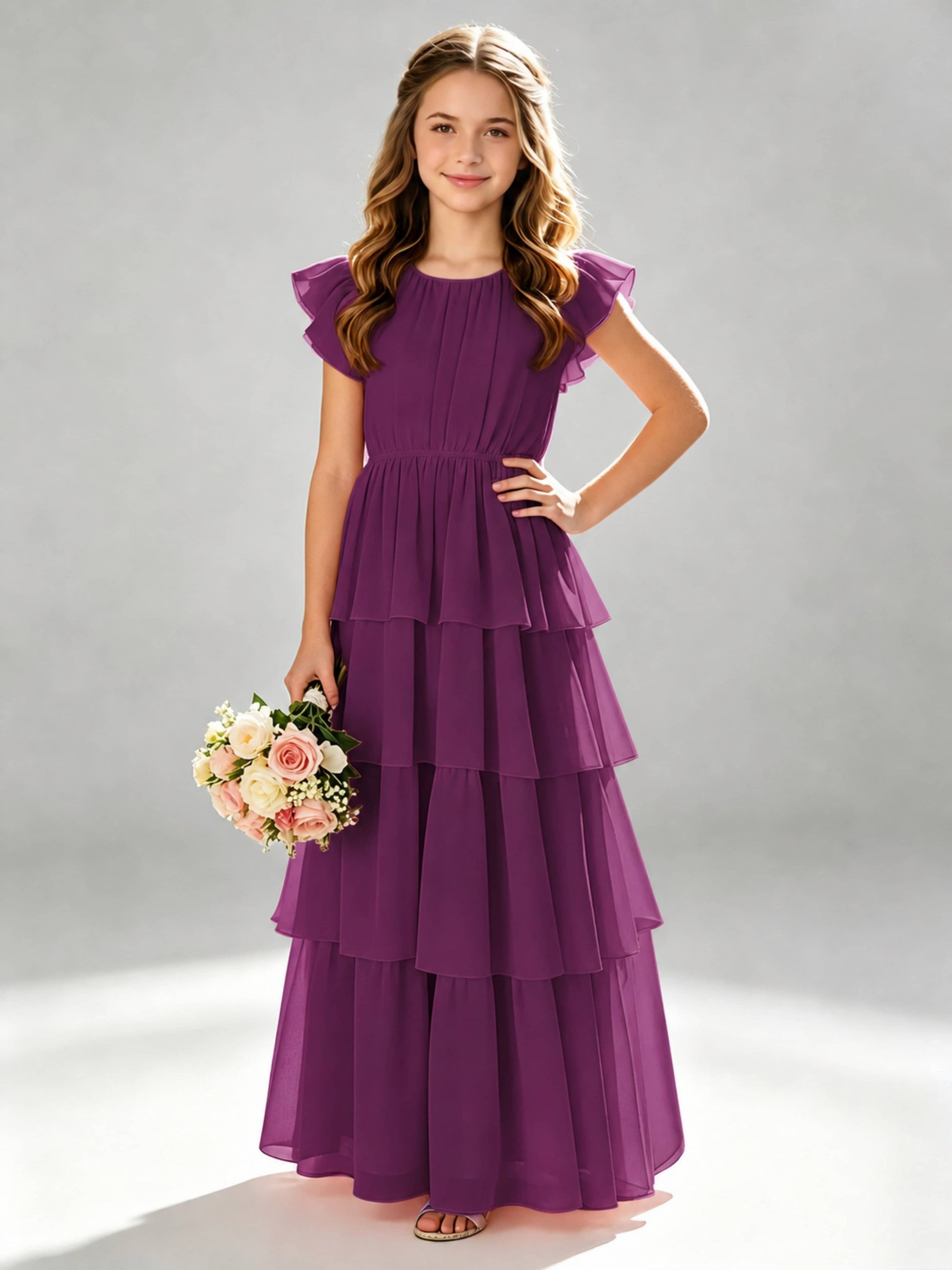 Chiffon Tiered Pleated Long Junior Bridesmaid Dresses
