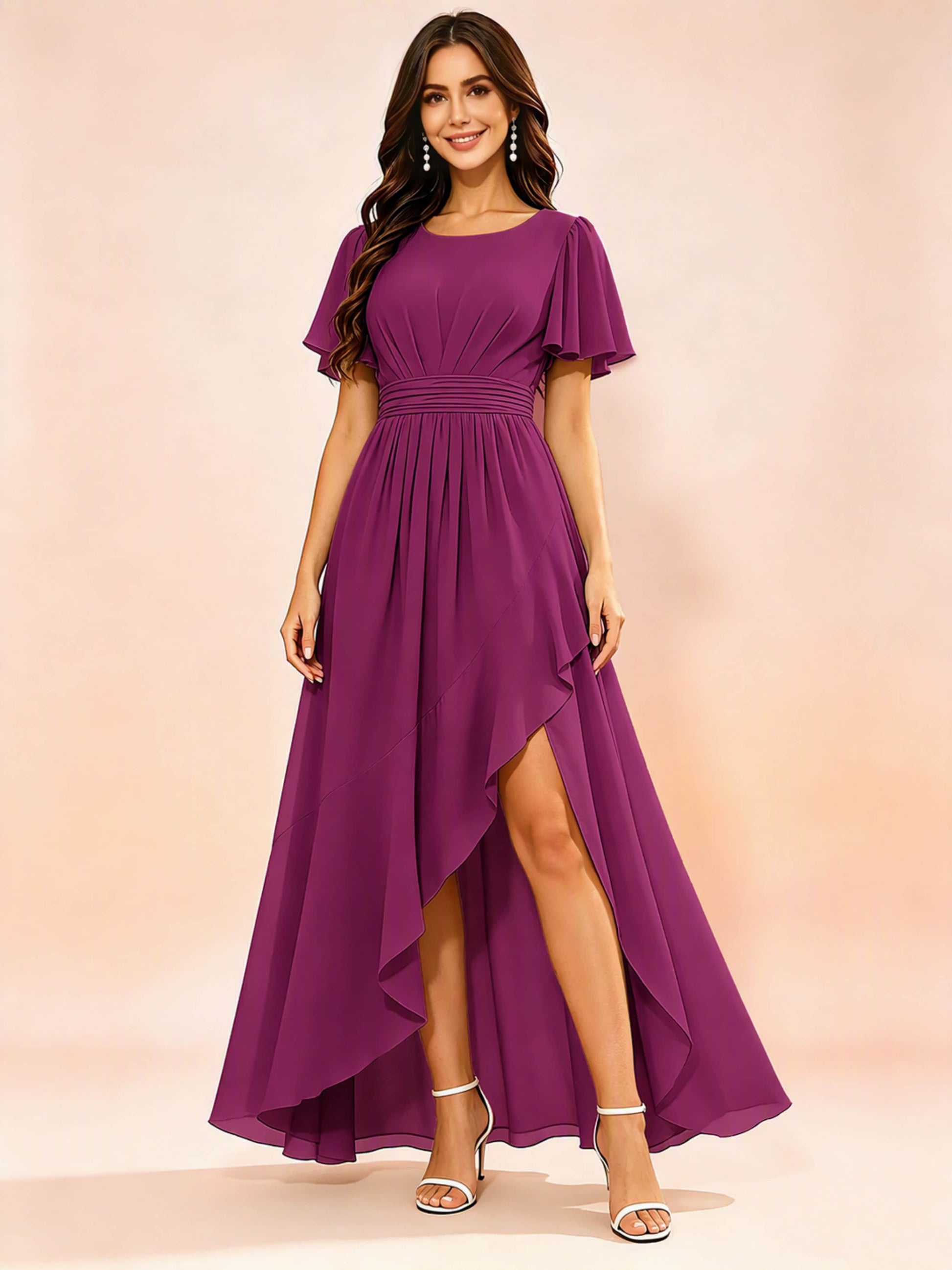 Chiffon High Low Round Neck Bridesmaid / Wedding Guest Dresses