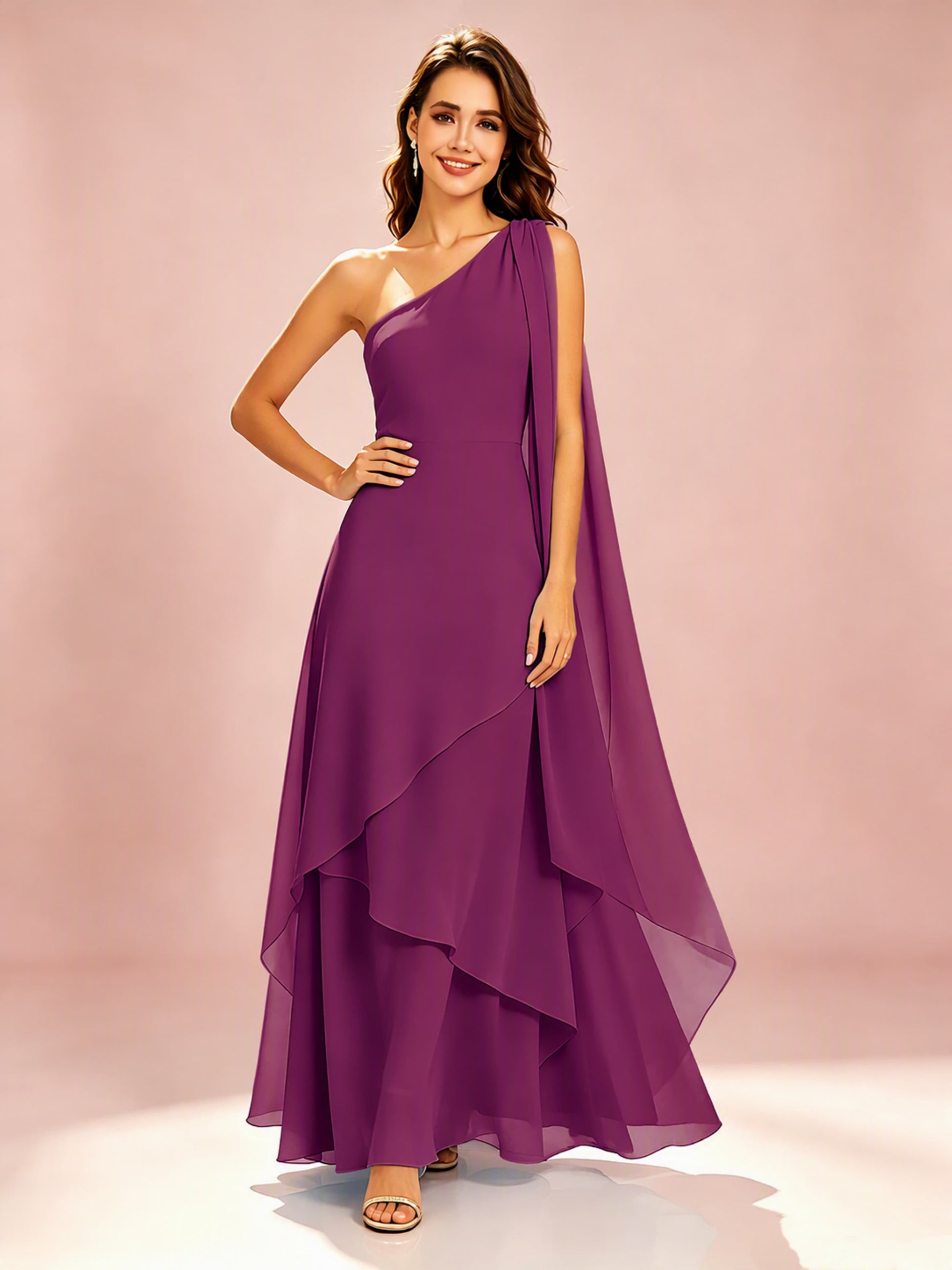 One Shoulder Chiffon Tiered Layered Bridesmaid Dresses for Wedding
