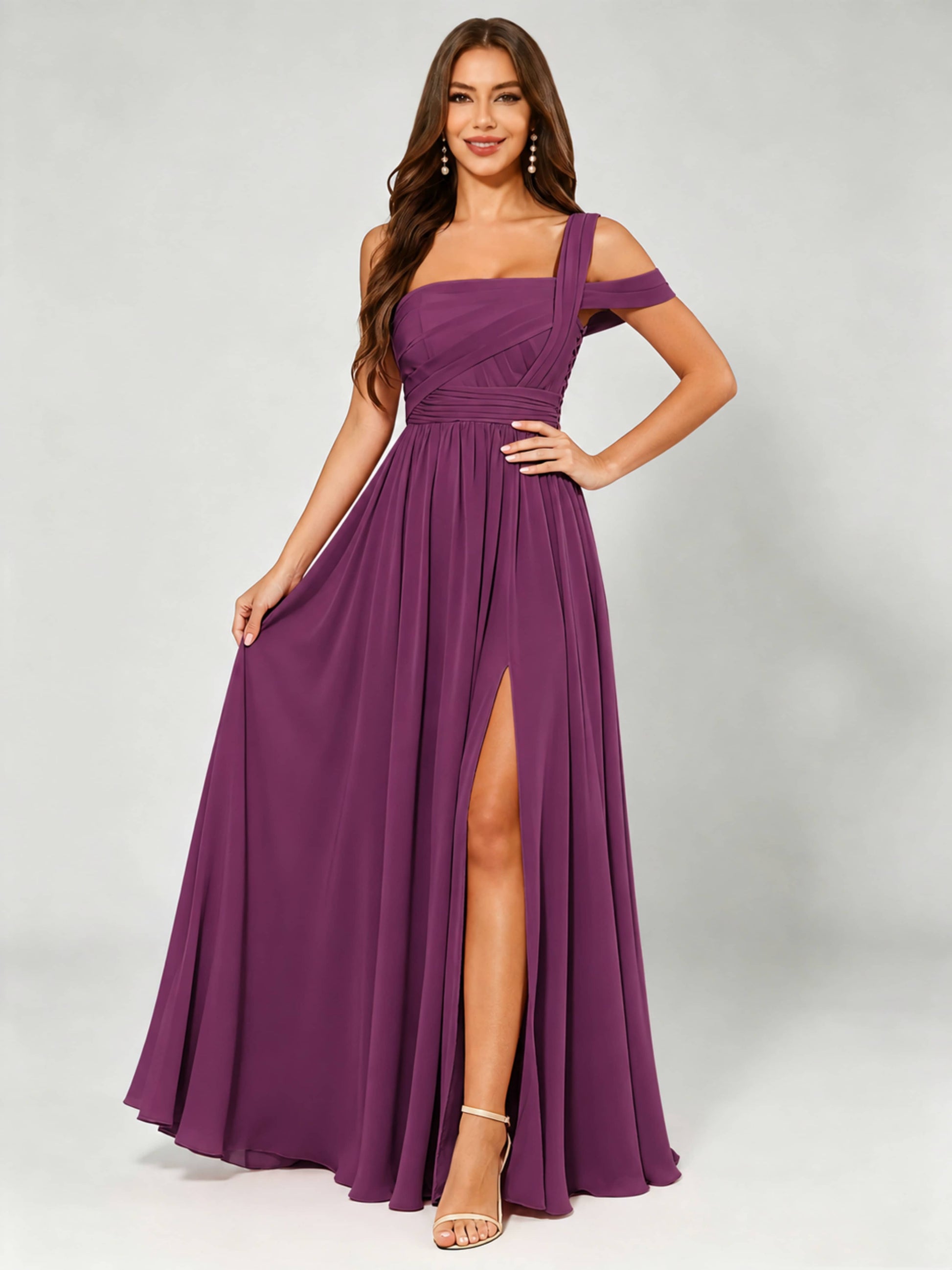 One Shoulder Chiffon Pleated Bridesmaid Dresses for Wedding