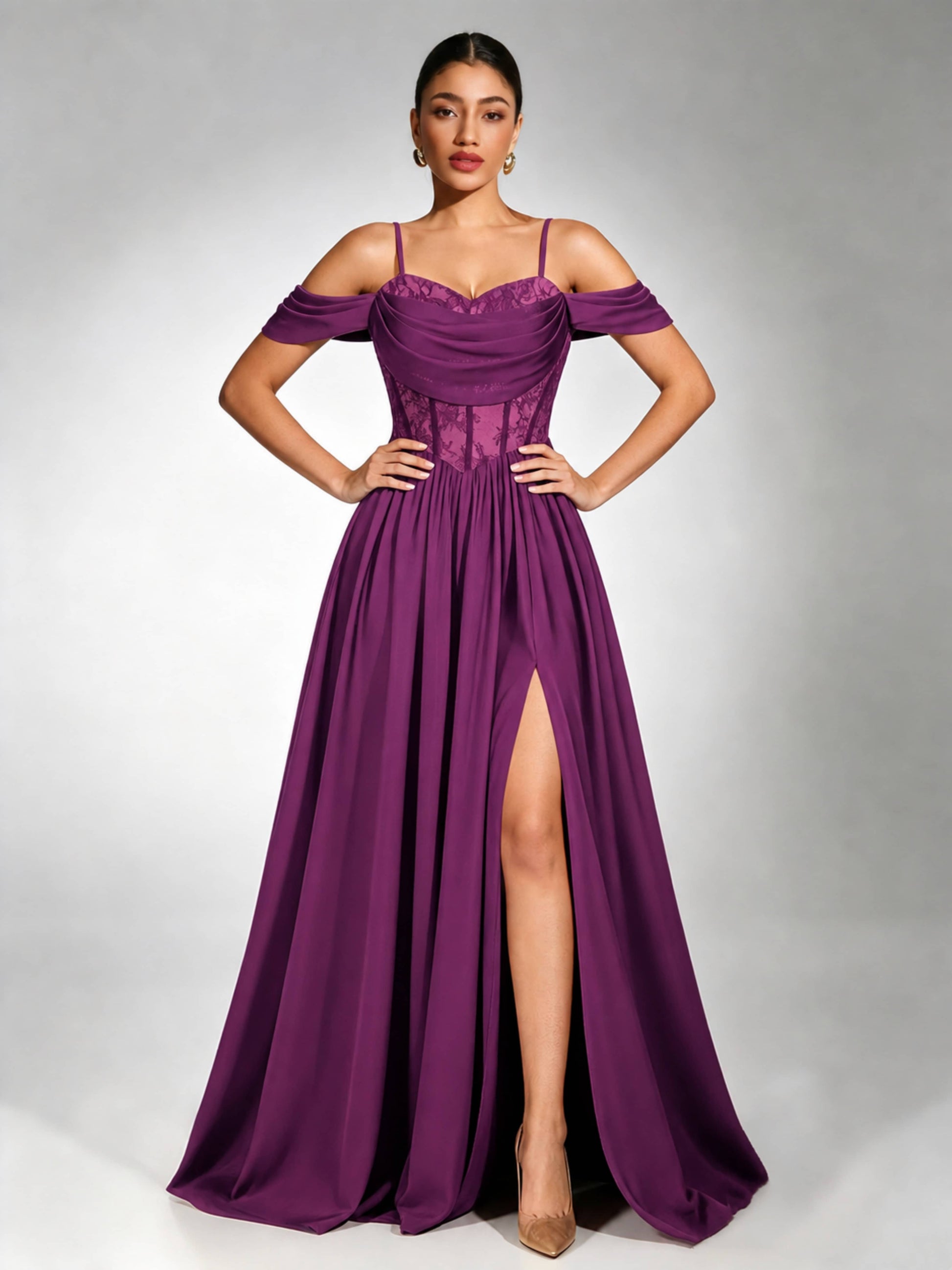 Off Shoulder Chiffon Lace Prom Dress for Teens