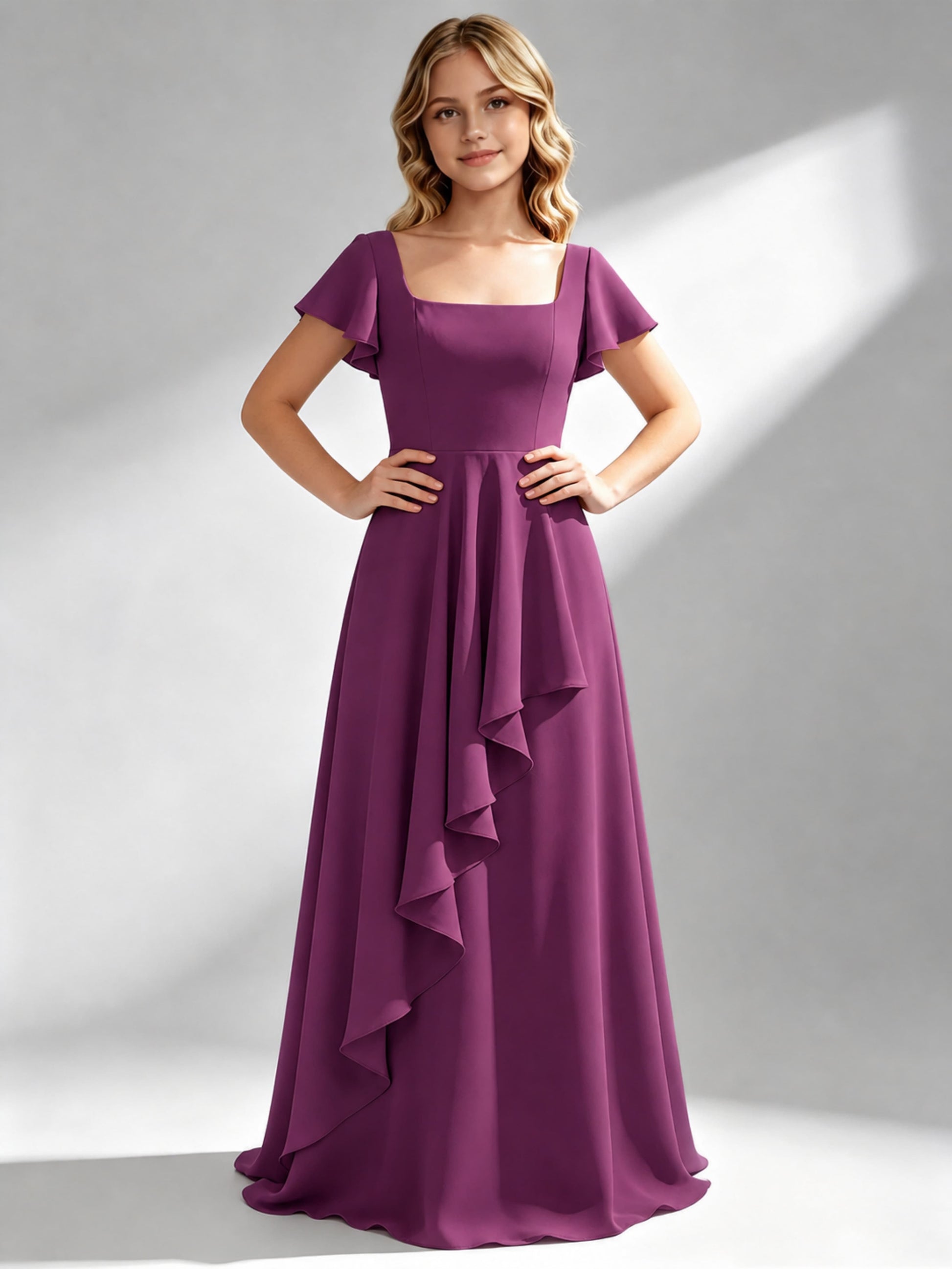 A-Line Square Neck Ruffle Junior Bridesmaid Dresses