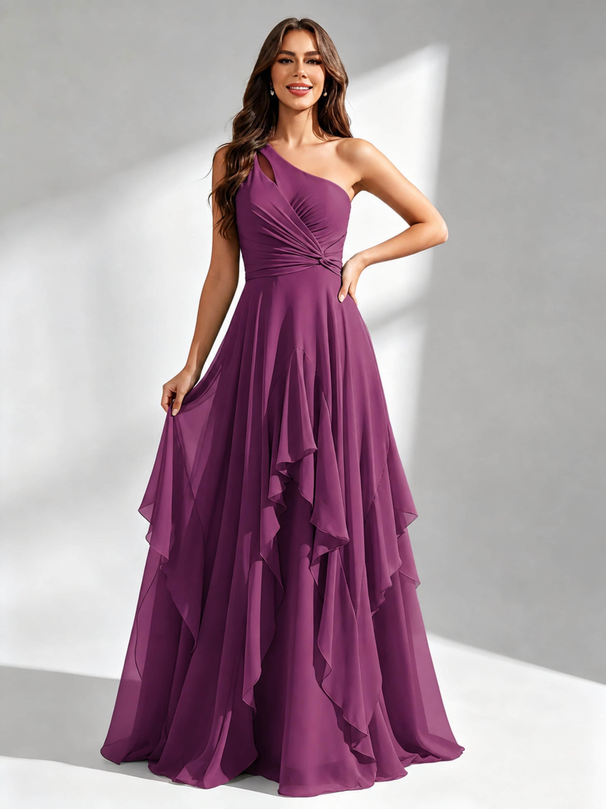 One Shoulder Ruffle Bridesmaid Dresses Formal Evening Gown