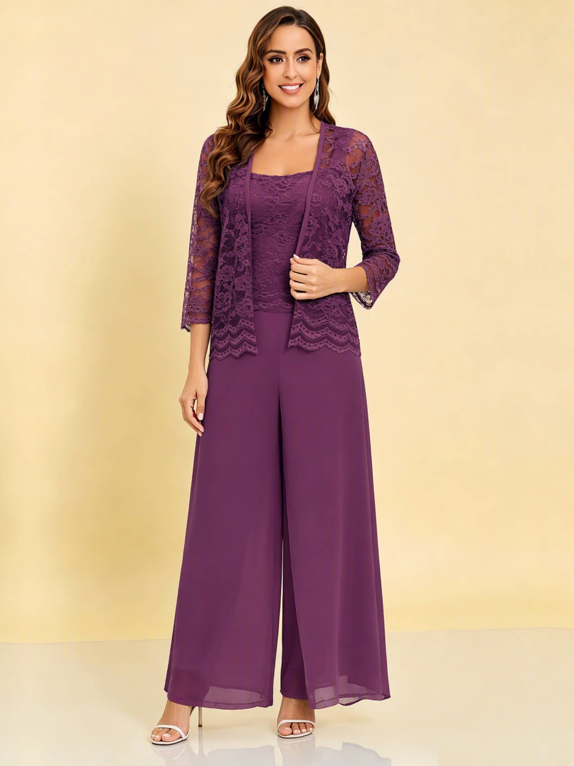 Chiffon Lace Flowy 3 Pieces Mother of The Bride Pant Suits Women Wedding