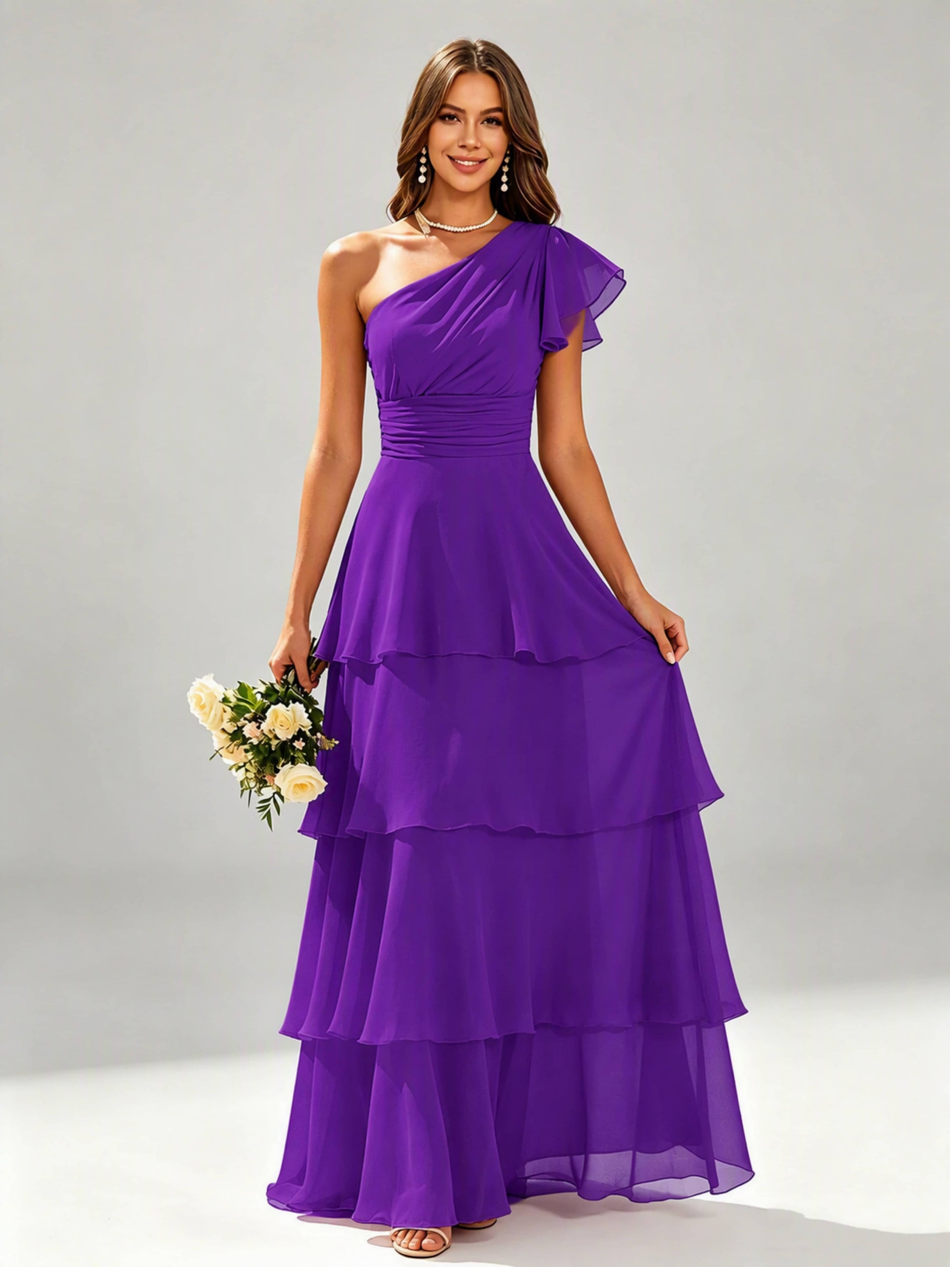 One Shoulder Ruffle Tiered Chiffon Bridesmaid Dress for Wedding