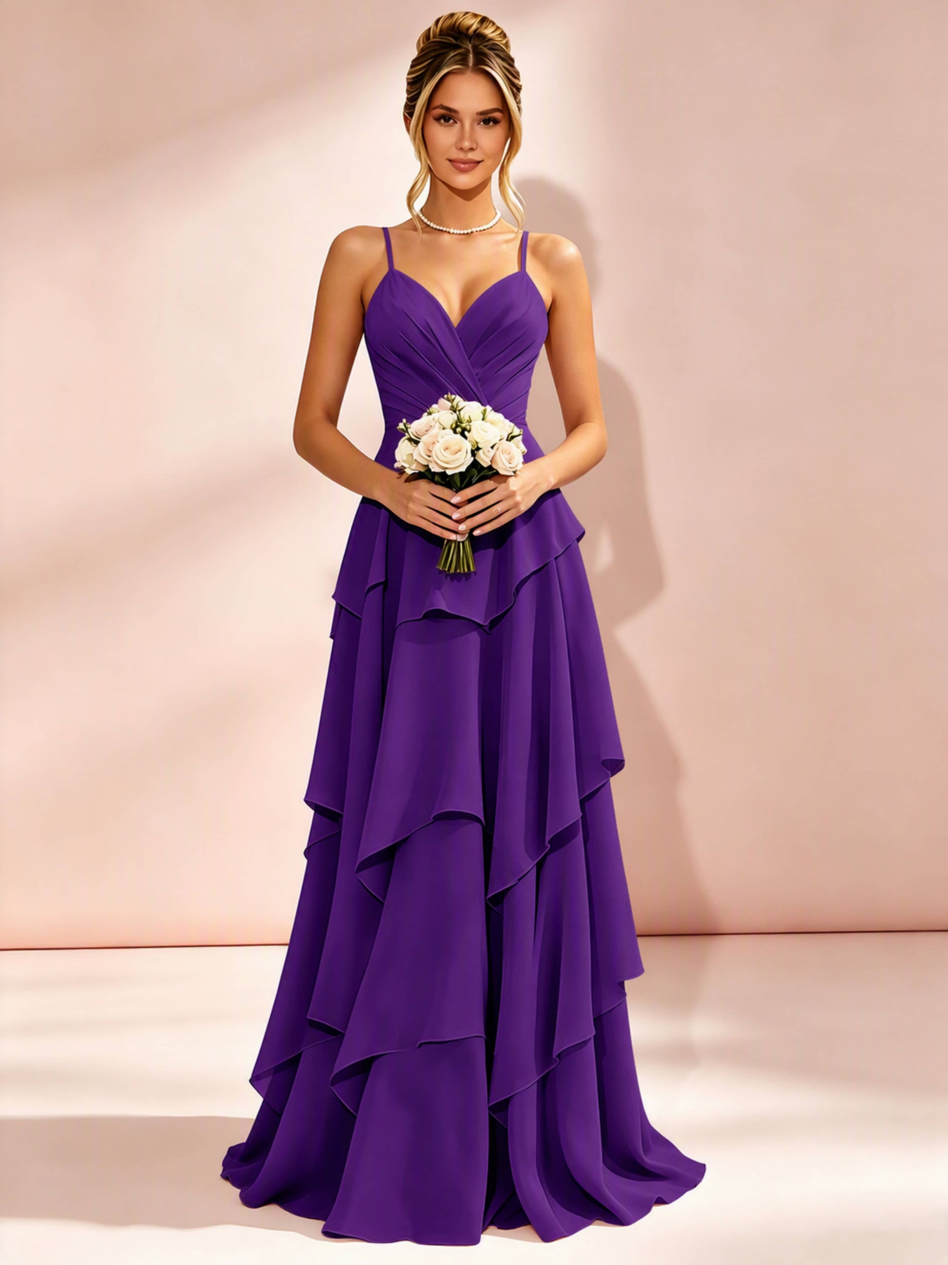 Spaghetti Straps Ruffle Tiered Chiffon Bridesmaid Dress for Wedding