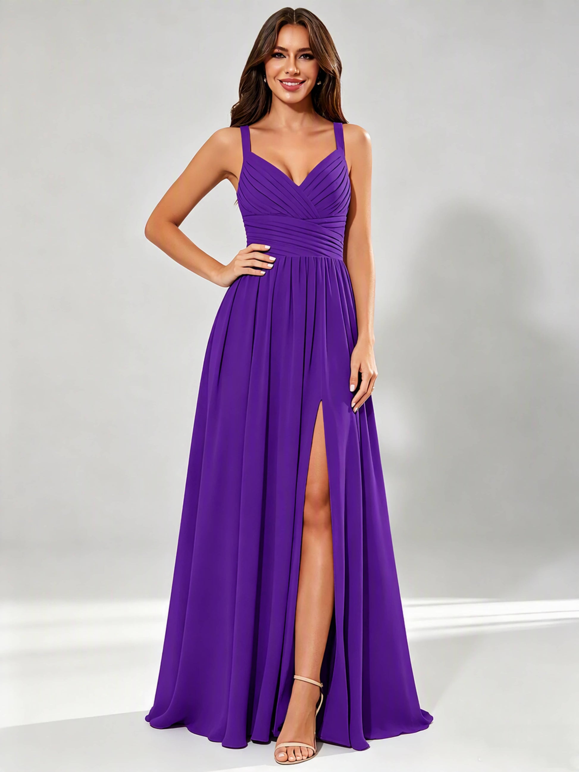 Spaghetti Straps Chiffon Ruched Bust Pleated Bridesmaid Dress for Wedding