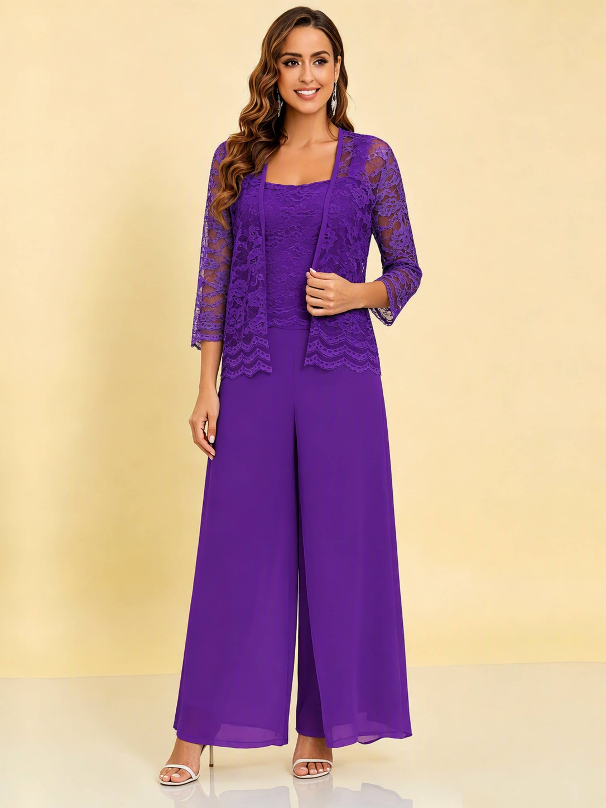 Chiffon Lace Flowy 3 Pieces Mother of The Bride Pant Suits Women Wedding