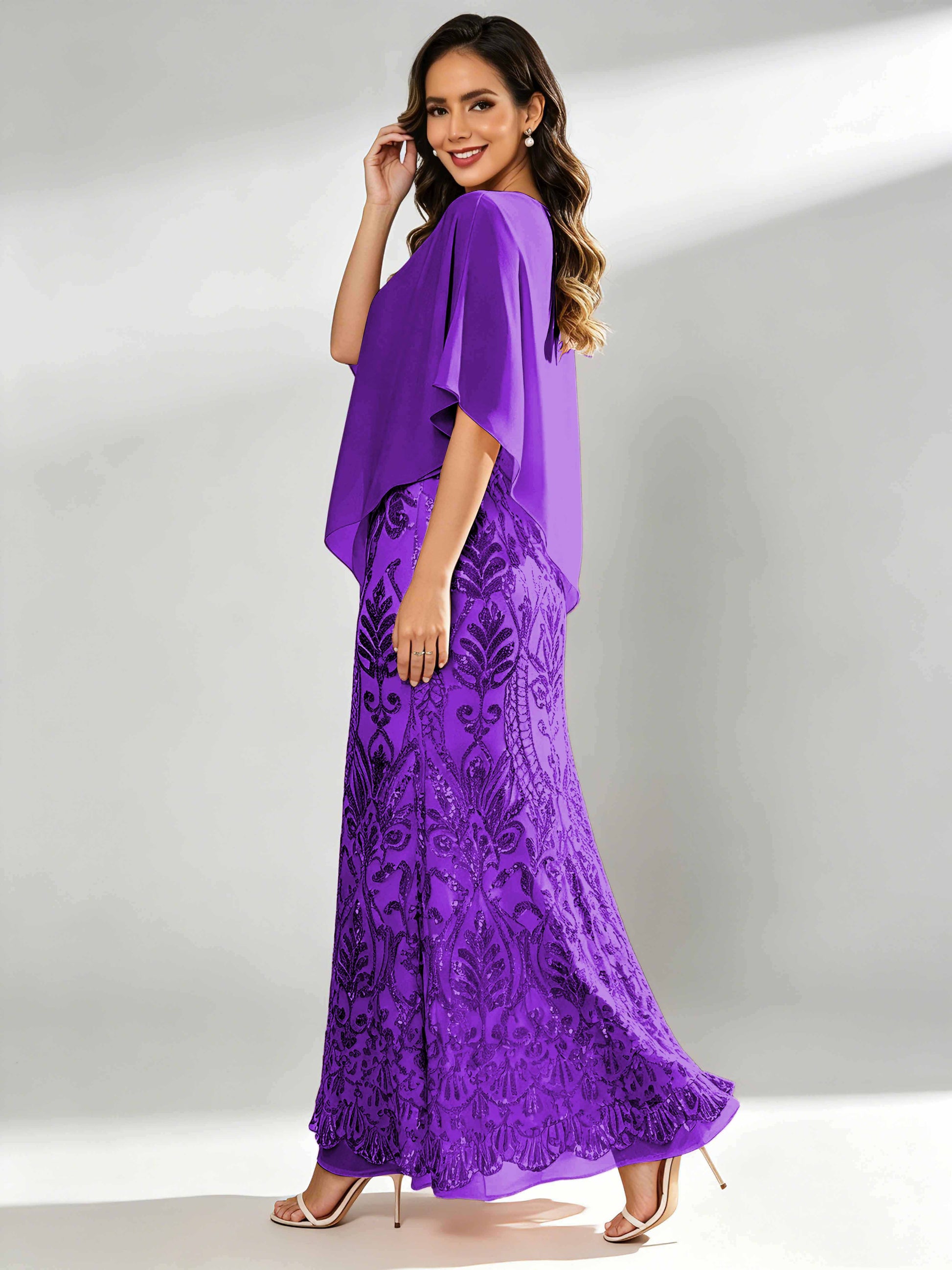 Mermaid Sequin Mother of The Bride Dress with Chiffon Cape