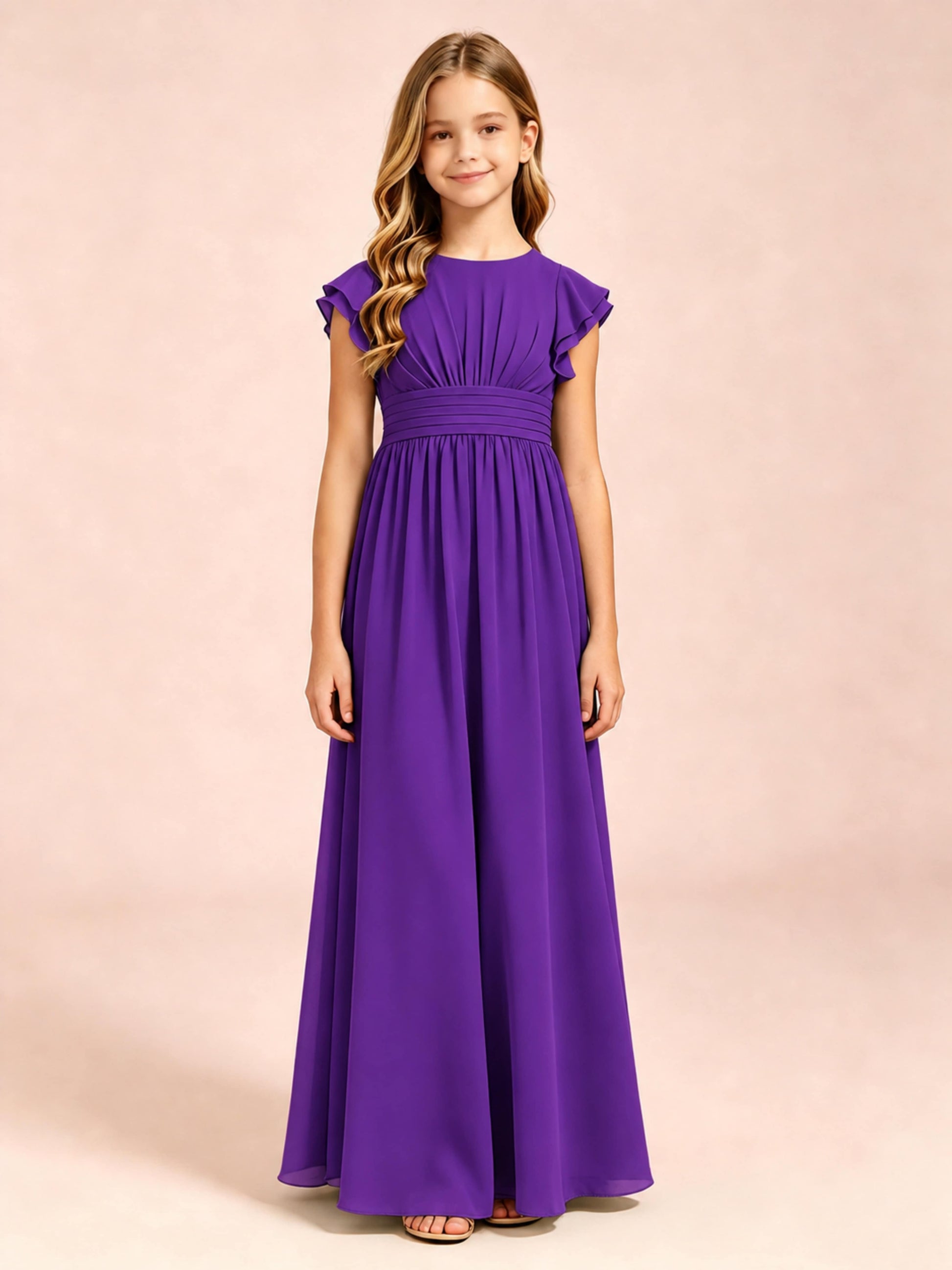 Chiffon Ruffle Cap Sleeve Junior Bridesmaid Dress for Wedding