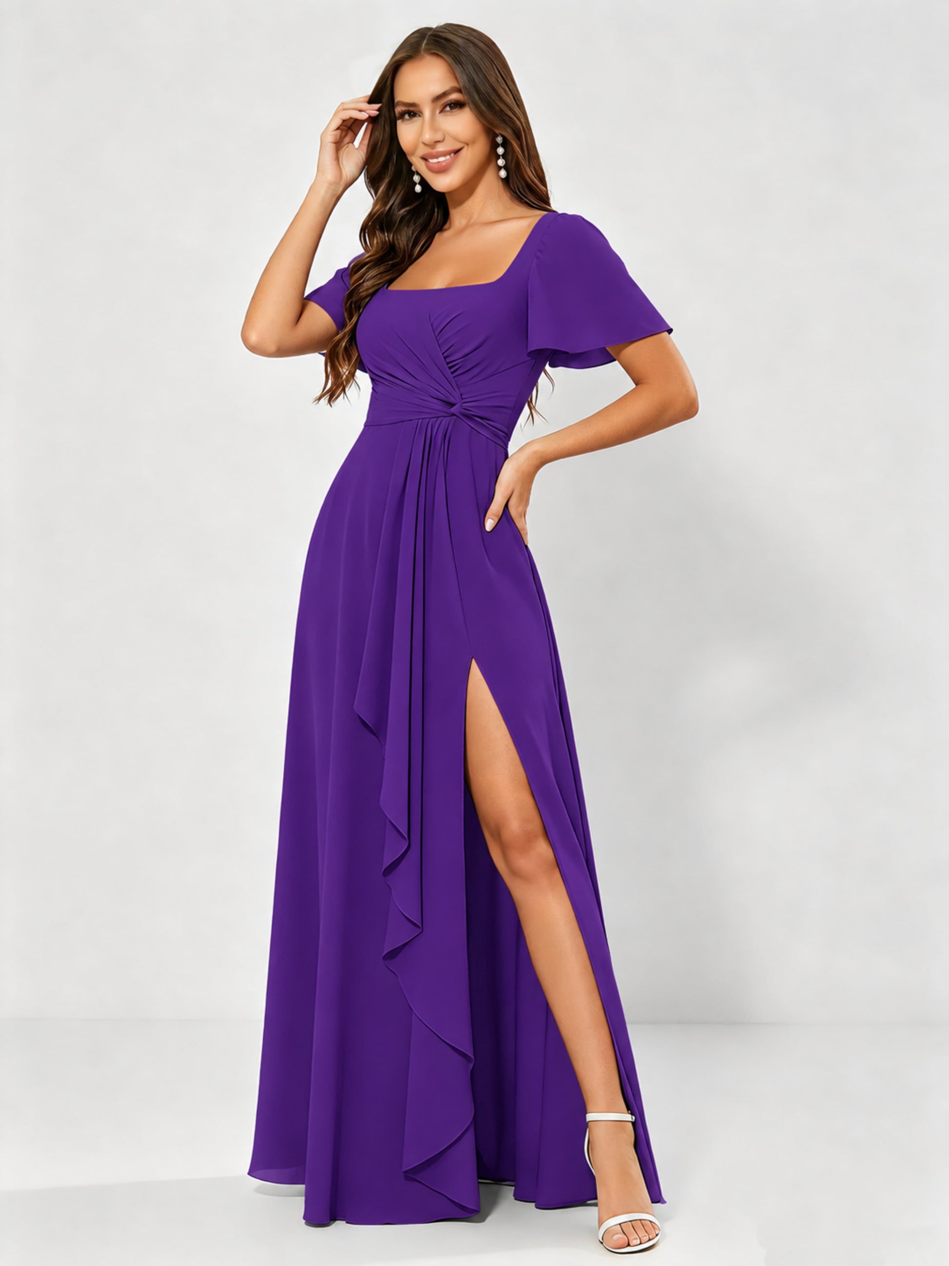 Square Neck Chiffon Ruffle Bridesmaid Dress with Slit