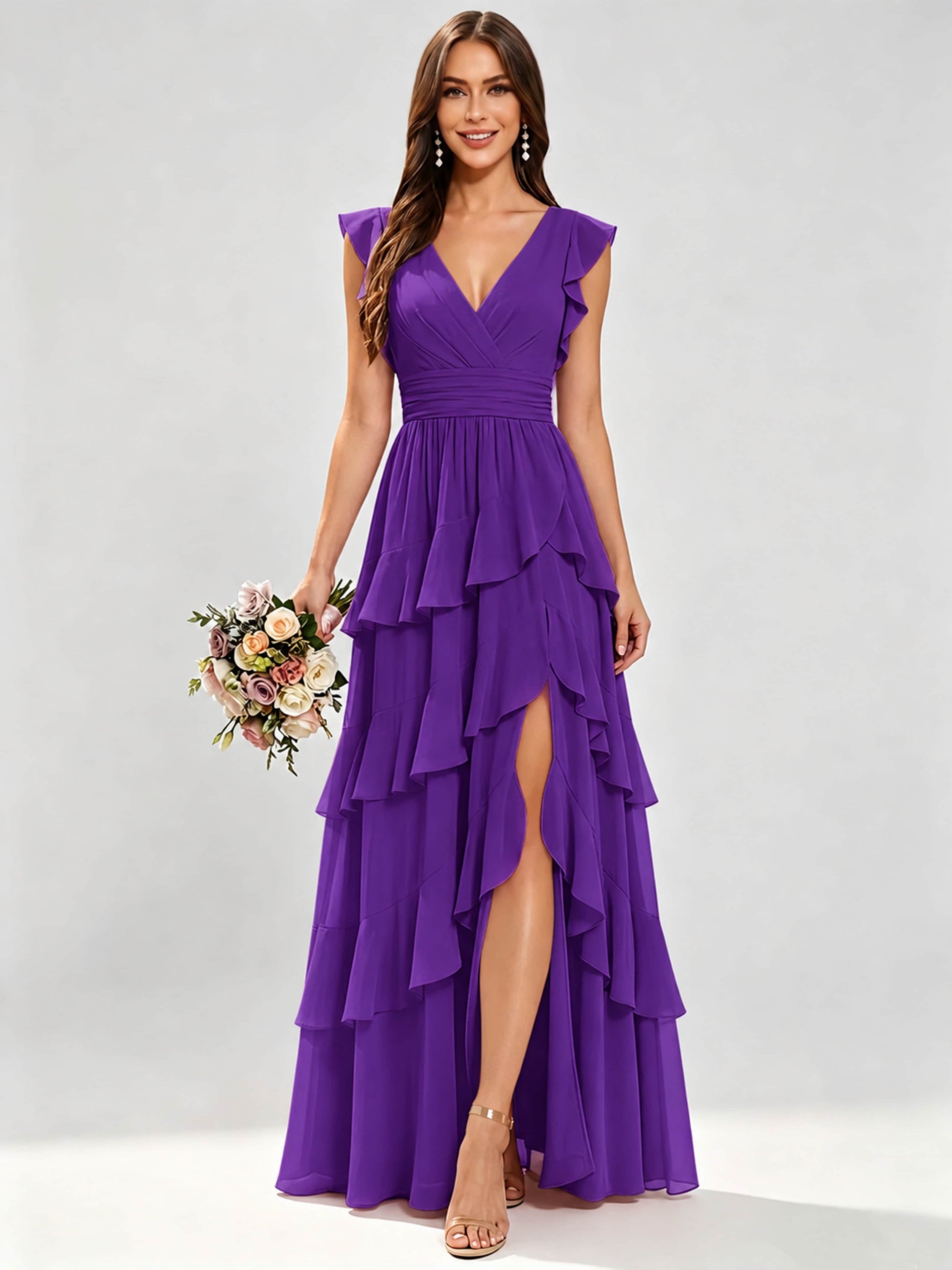Ruffle Sleeve Tiered Chiffon Bridesmaid Dresses for Wedding with Slit