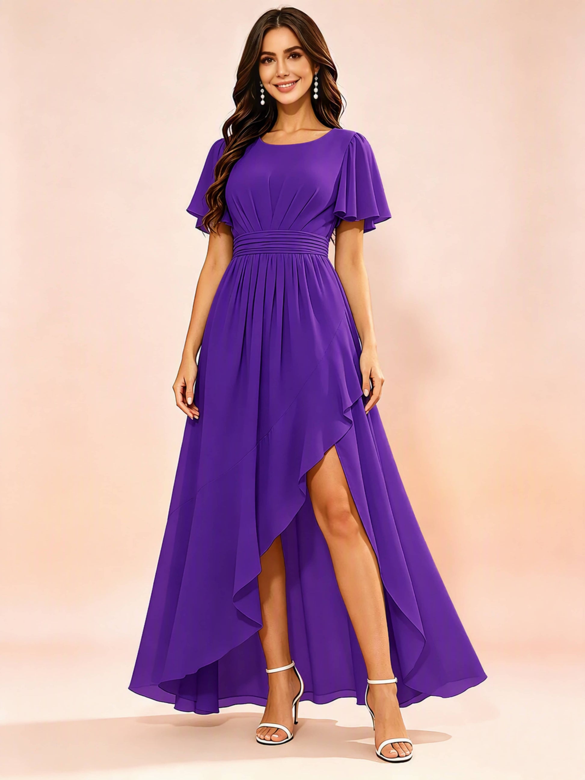 Chiffon High Low Round Neck Bridesmaid / Wedding Guest Dresses