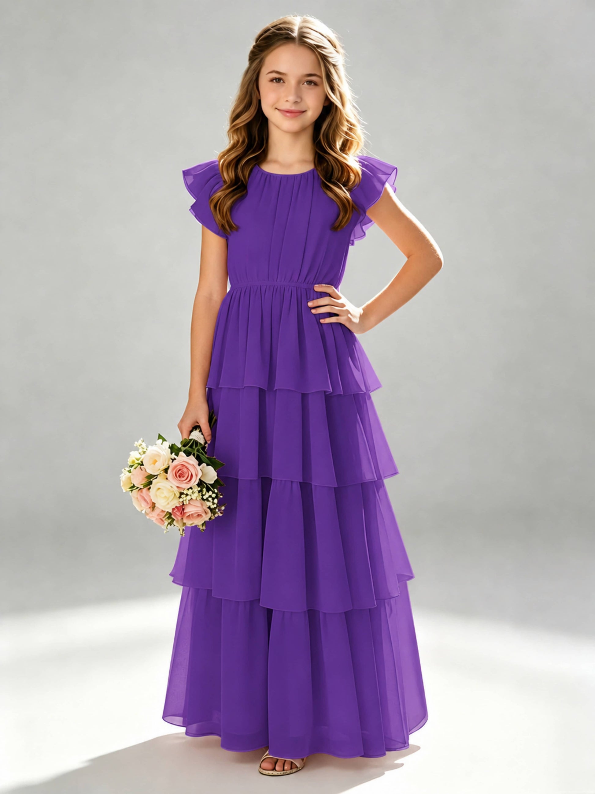 Chiffon Tiered Pleated Long Junior Bridesmaid Dresses