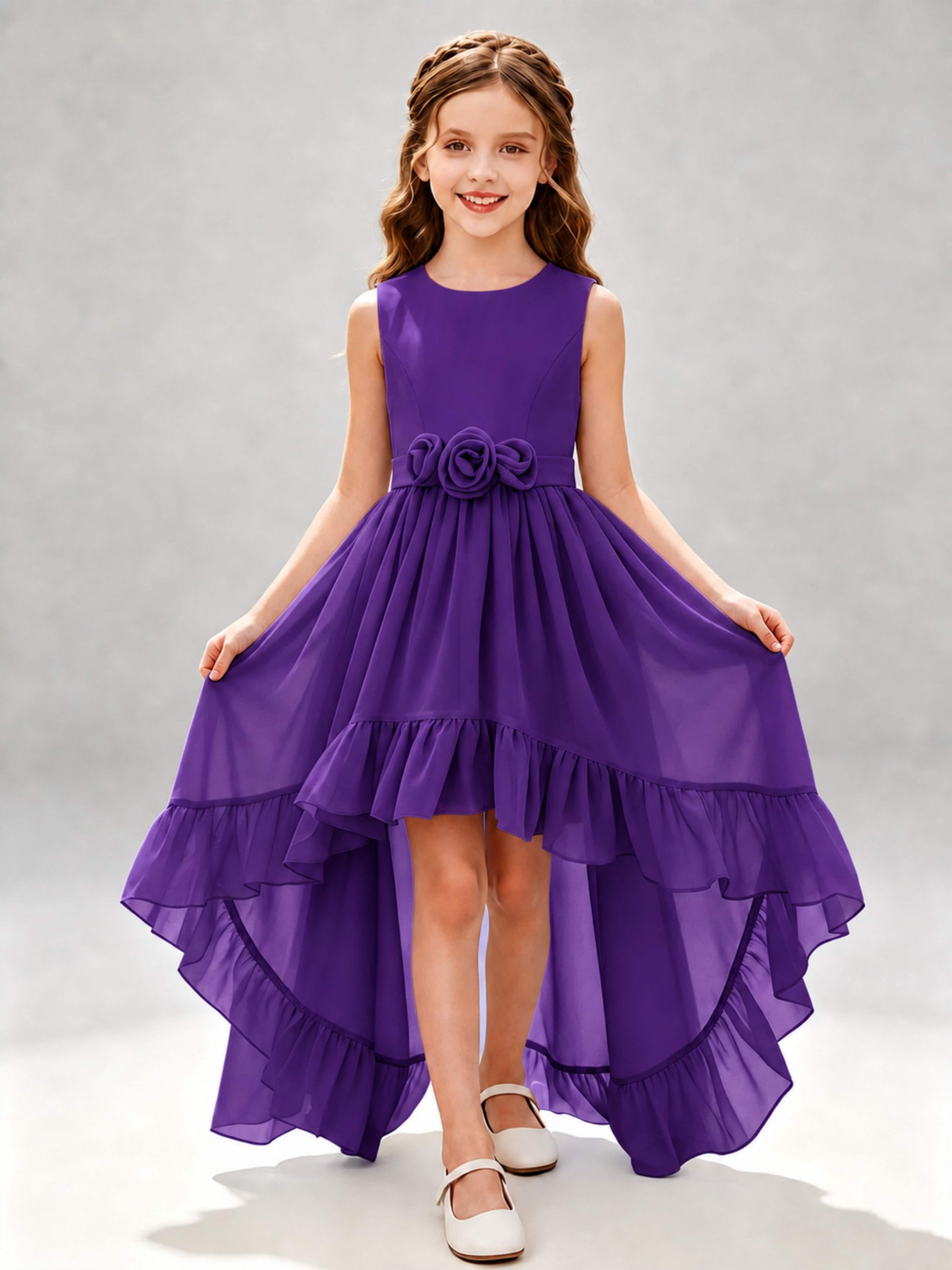 Chiffon 3D Flower High Low Junior Bridesmaid Dresses