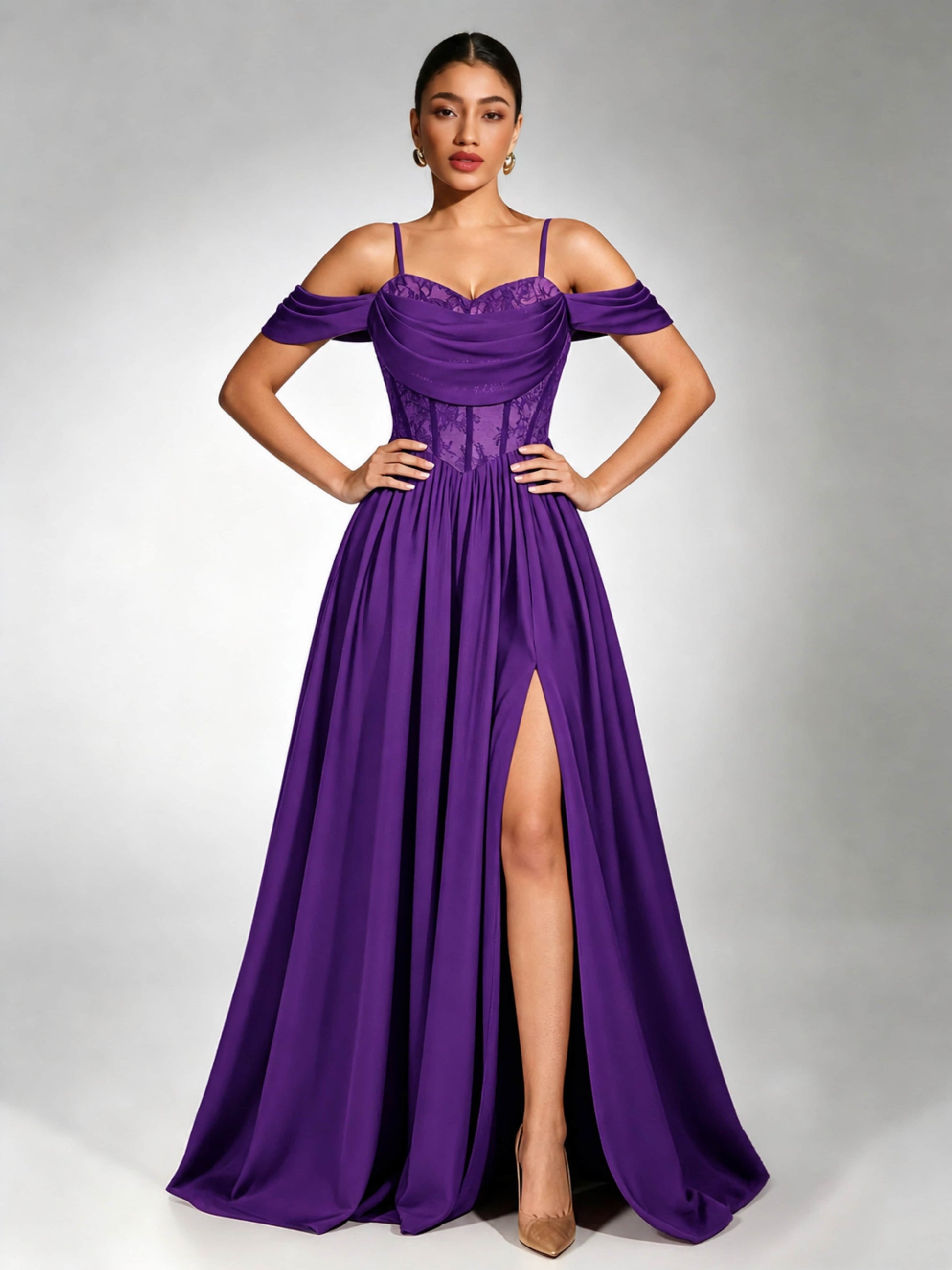 Off Shoulder Chiffon Lace Prom Dress for Teens