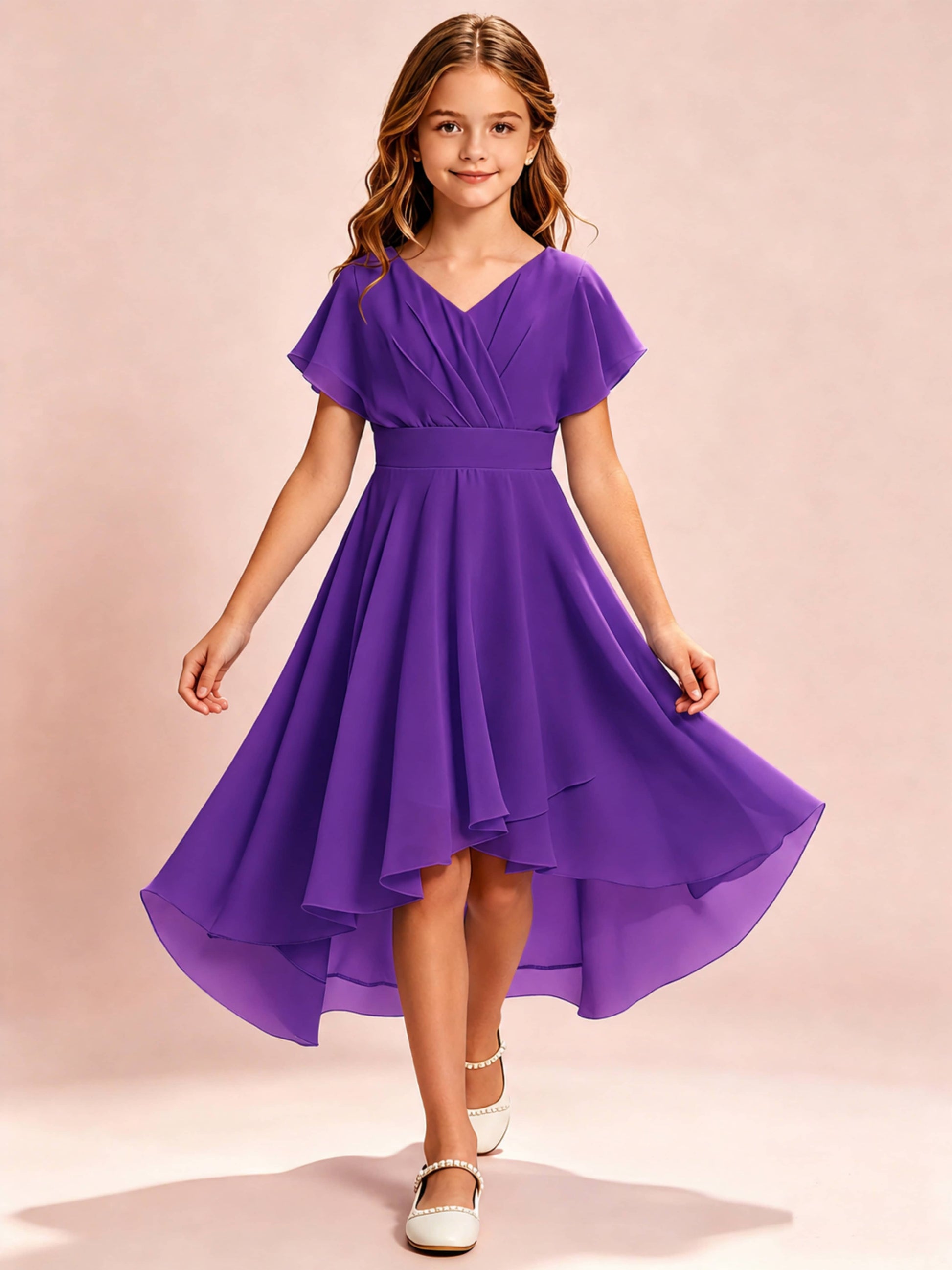 Chiffon High Low Cap Sleeve Junior Bridesmaid Dress for Wedding