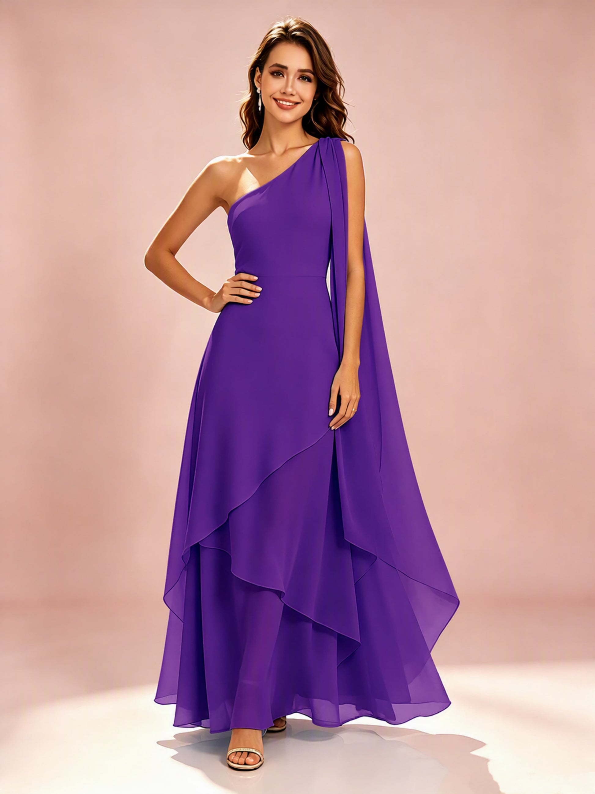 One Shoulder Chiffon Tiered Layered Bridesmaid Dresses for Wedding