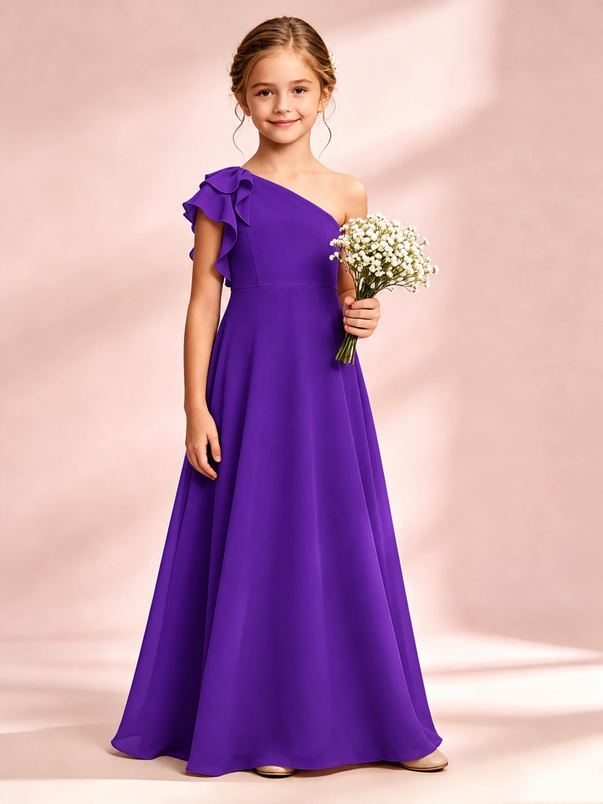 Chiffon Junior Bridesmaid Dress for Wedding One Shoulder Flower Girl Dresses
