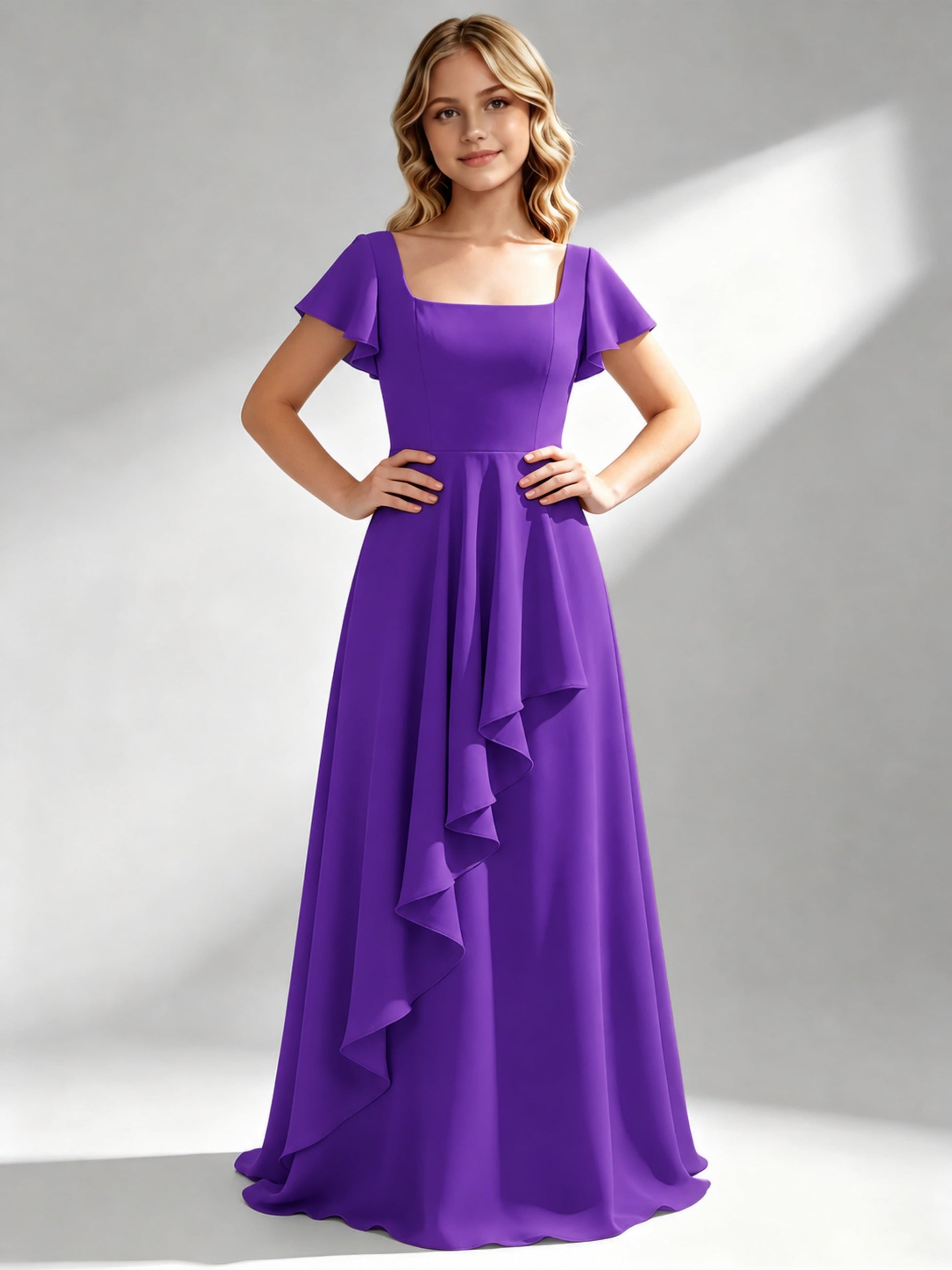 A-Line Square Neck Ruffle Junior Bridesmaid Dresses