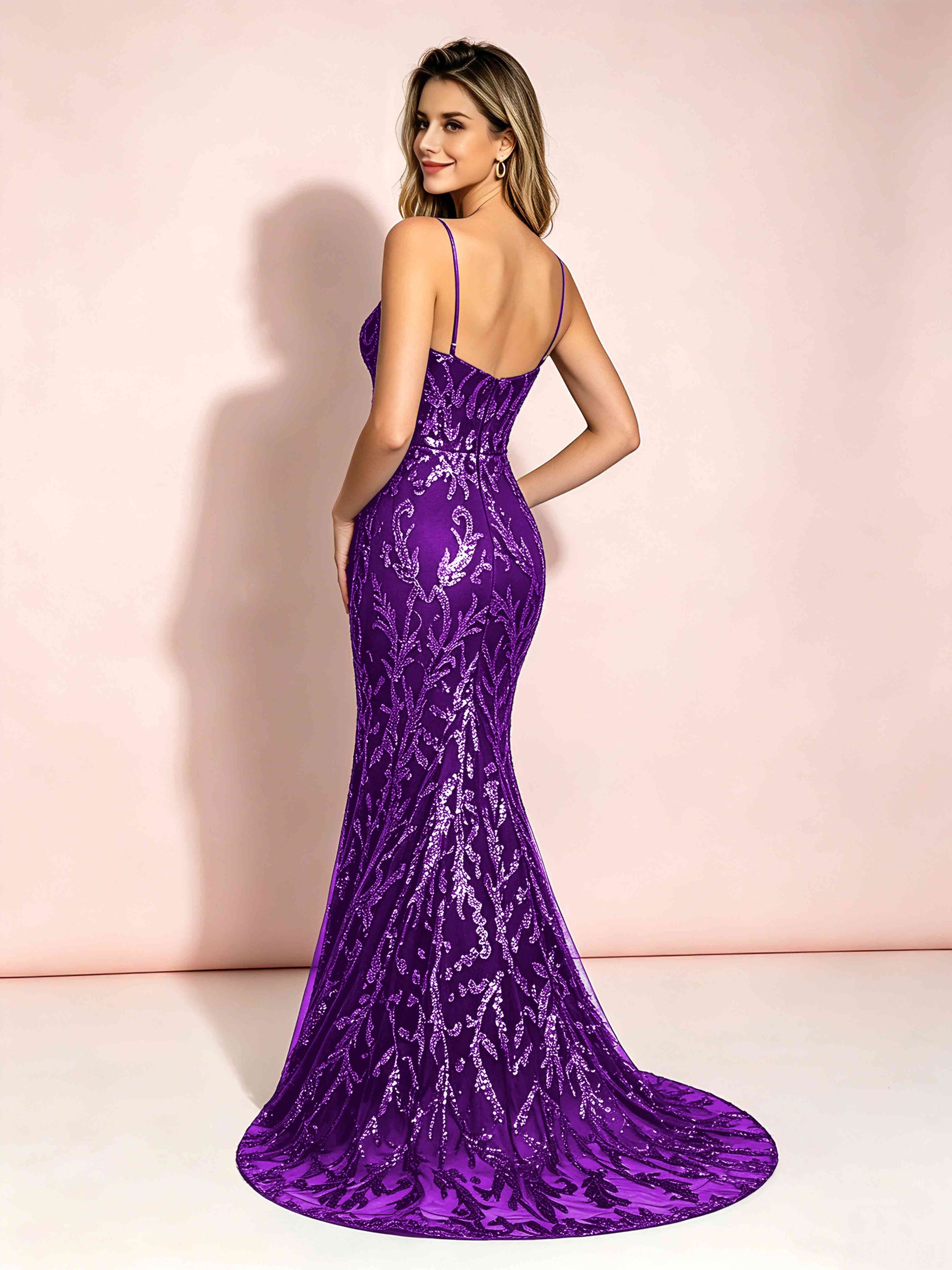 Mermaid V-Neck Sweep Train Sequin Sparkly Prom Dresses with Slit