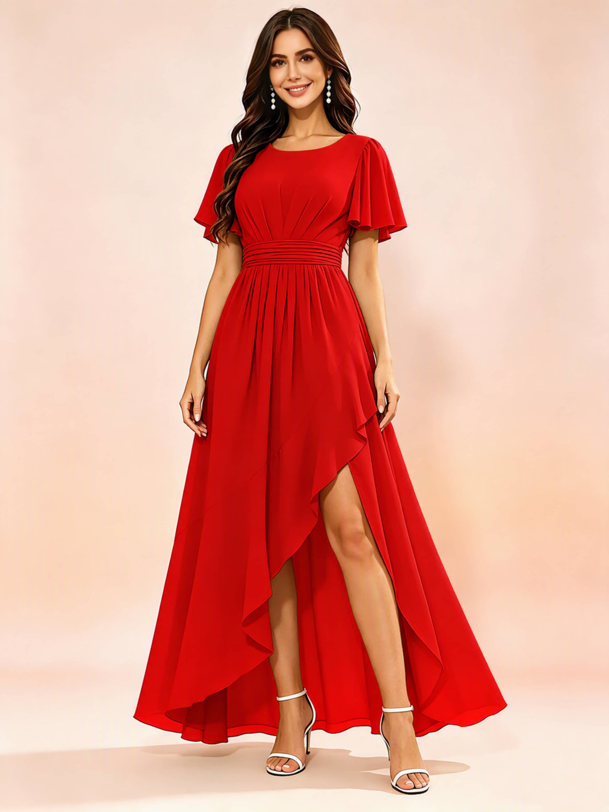 Chiffon High Low Round Neck Bridesmaid / Wedding Guest Dresses