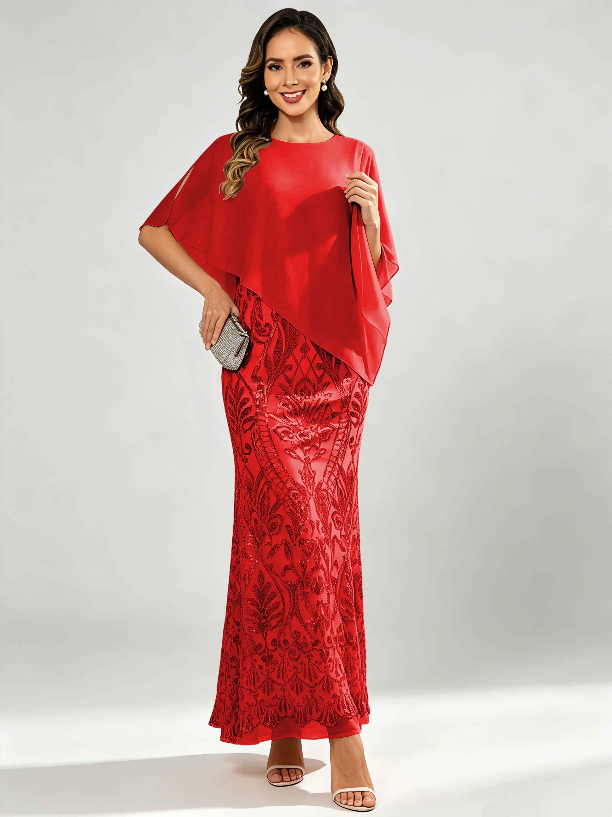 Mermaid Sequin Mother of The Bride Dress with Chiffon Cape