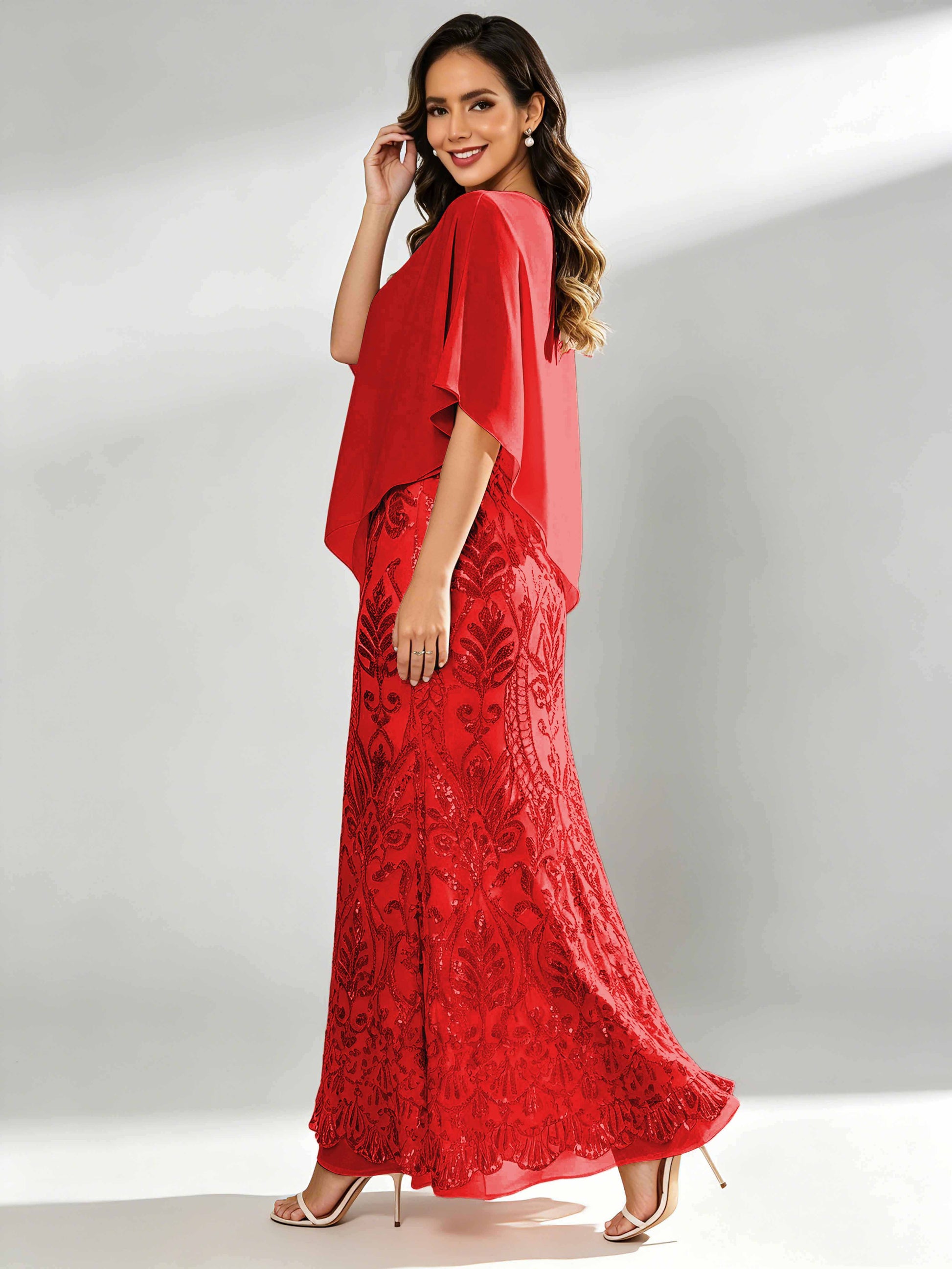 Mermaid Sequin Mother of The Bride Dress with Chiffon Cape