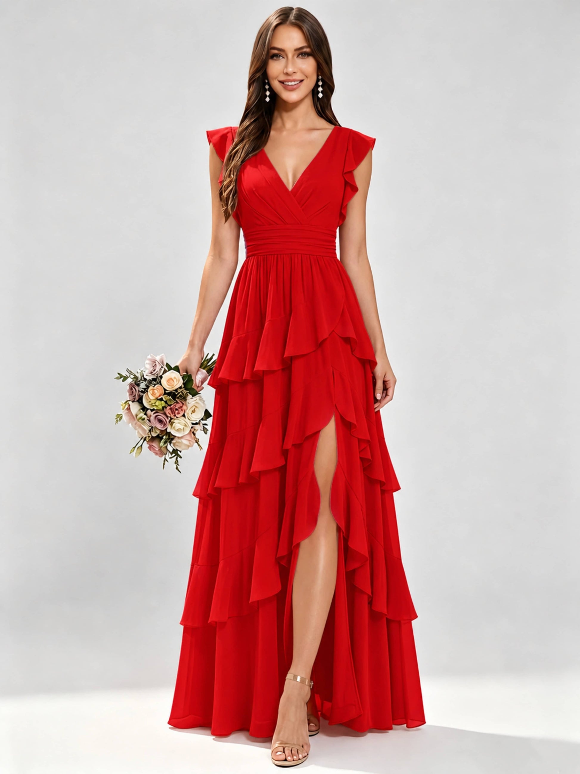 Ruffle Sleeve Tiered Chiffon Bridesmaid Dresses for Wedding with Slit