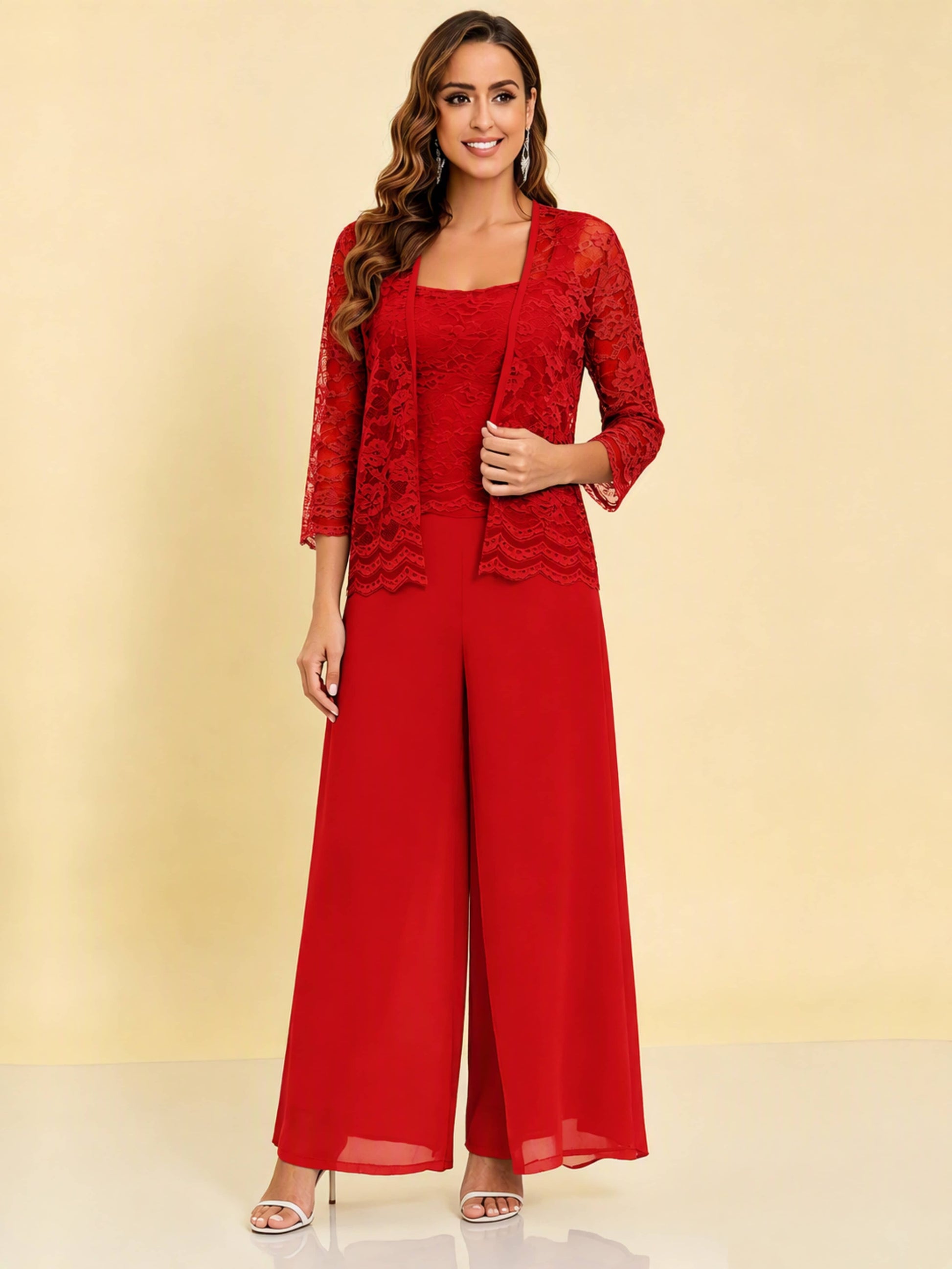Chiffon Lace Flowy 3 Pieces Mother of The Bride Pant Suits Women Wedding