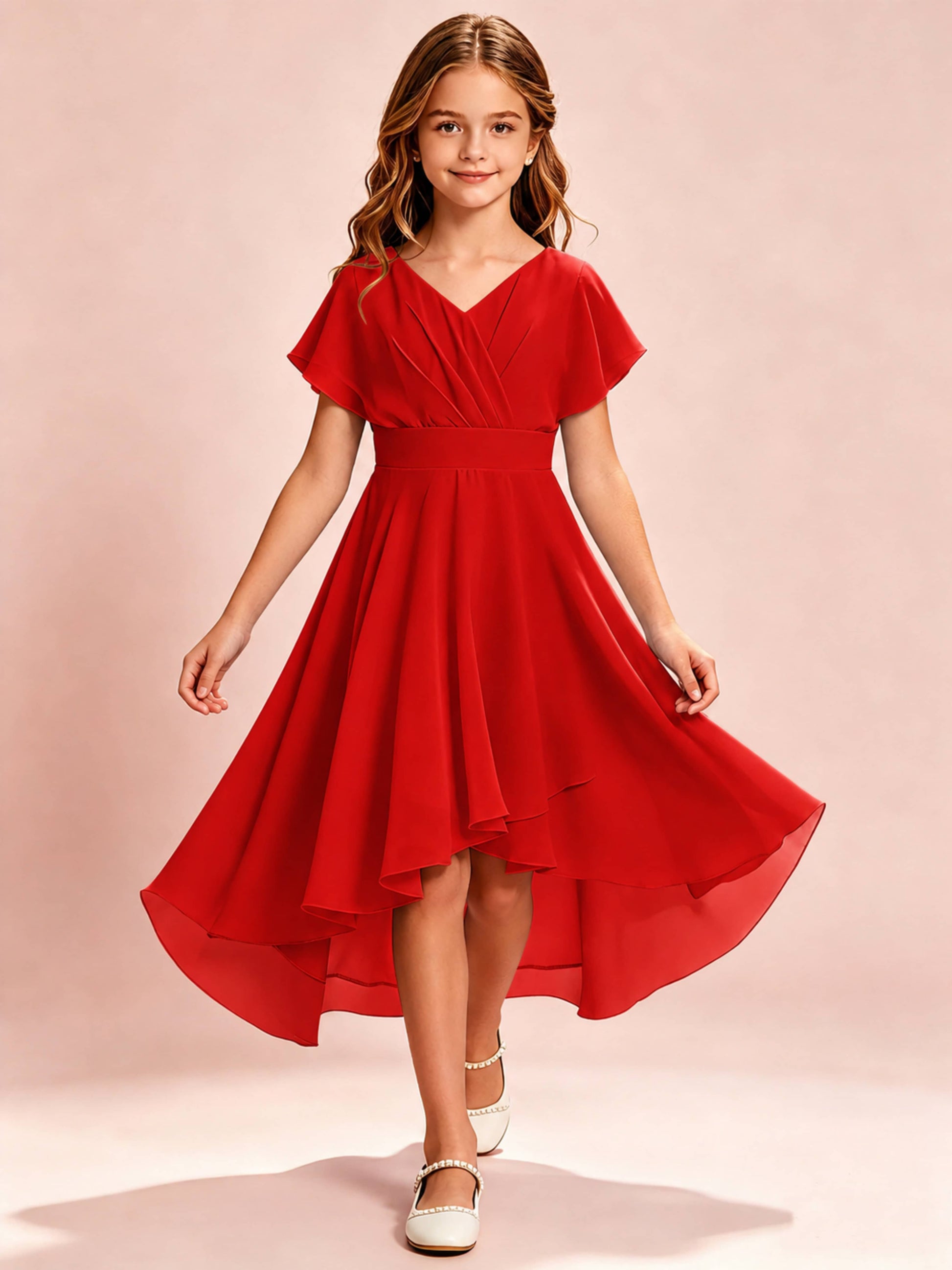 Chiffon High Low Cap Sleeve Junior Bridesmaid Dress for Wedding
